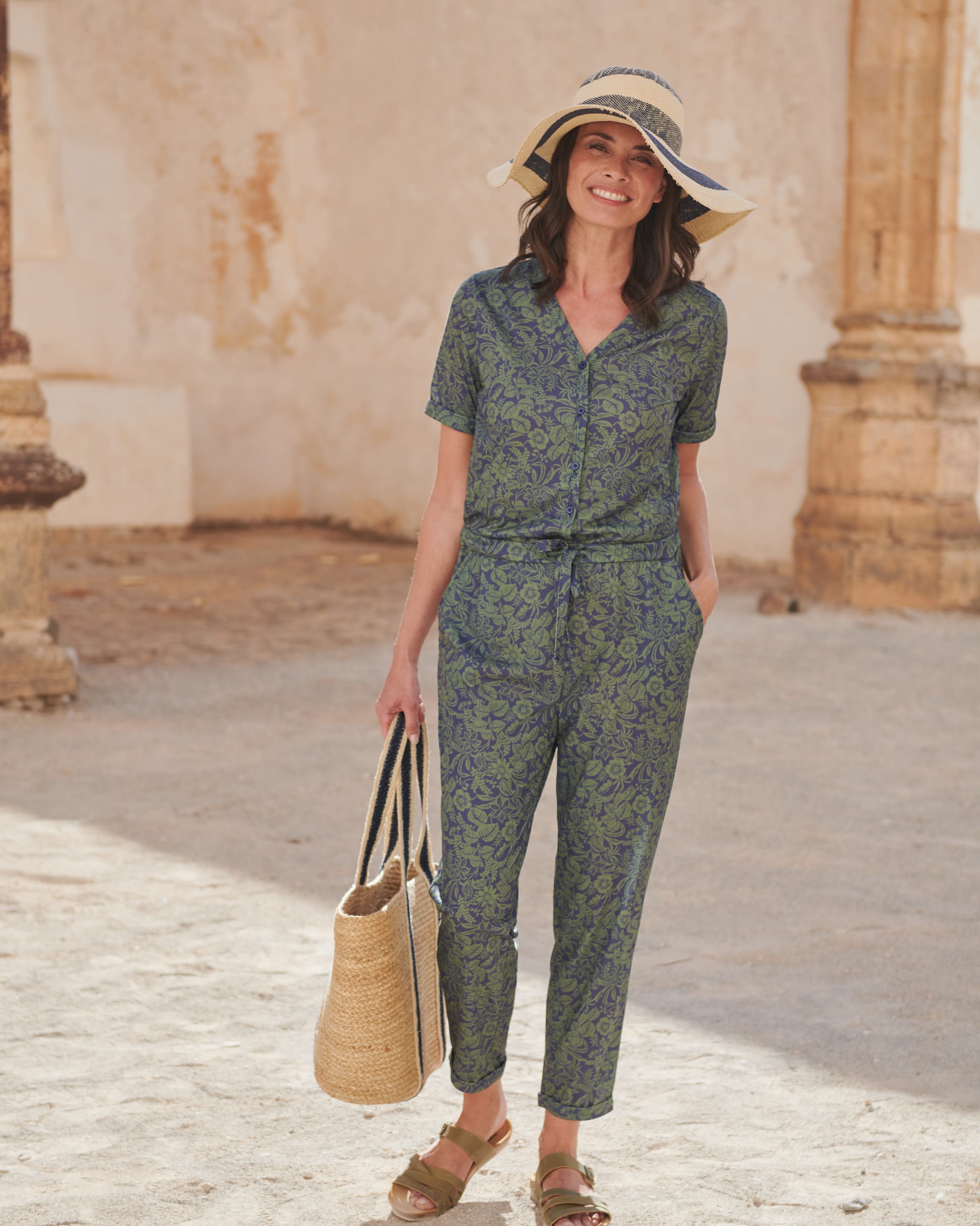 Zweifarbig Palmen bedruckt Jumpsuit mit tailliertem Bein WoolOvers DE