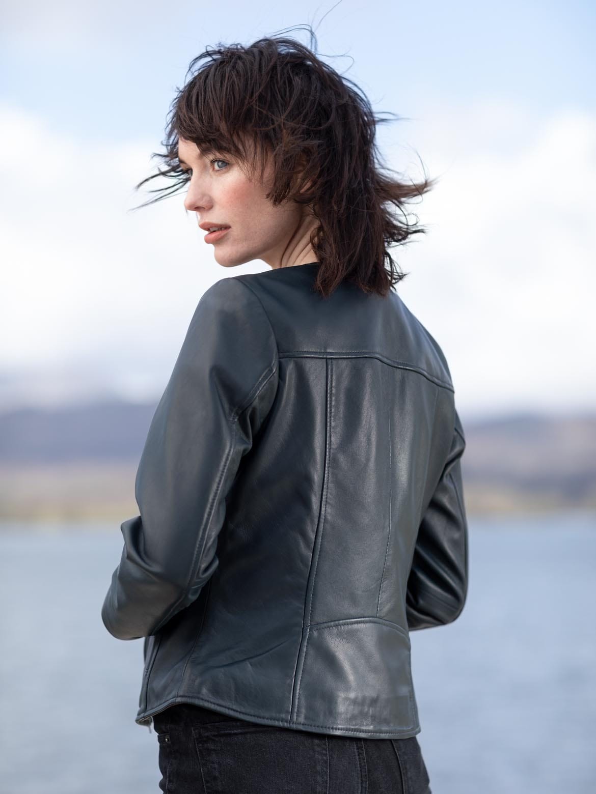 Navy | Collette Open Collar Leather Biker Jacket | WoolOvers UK