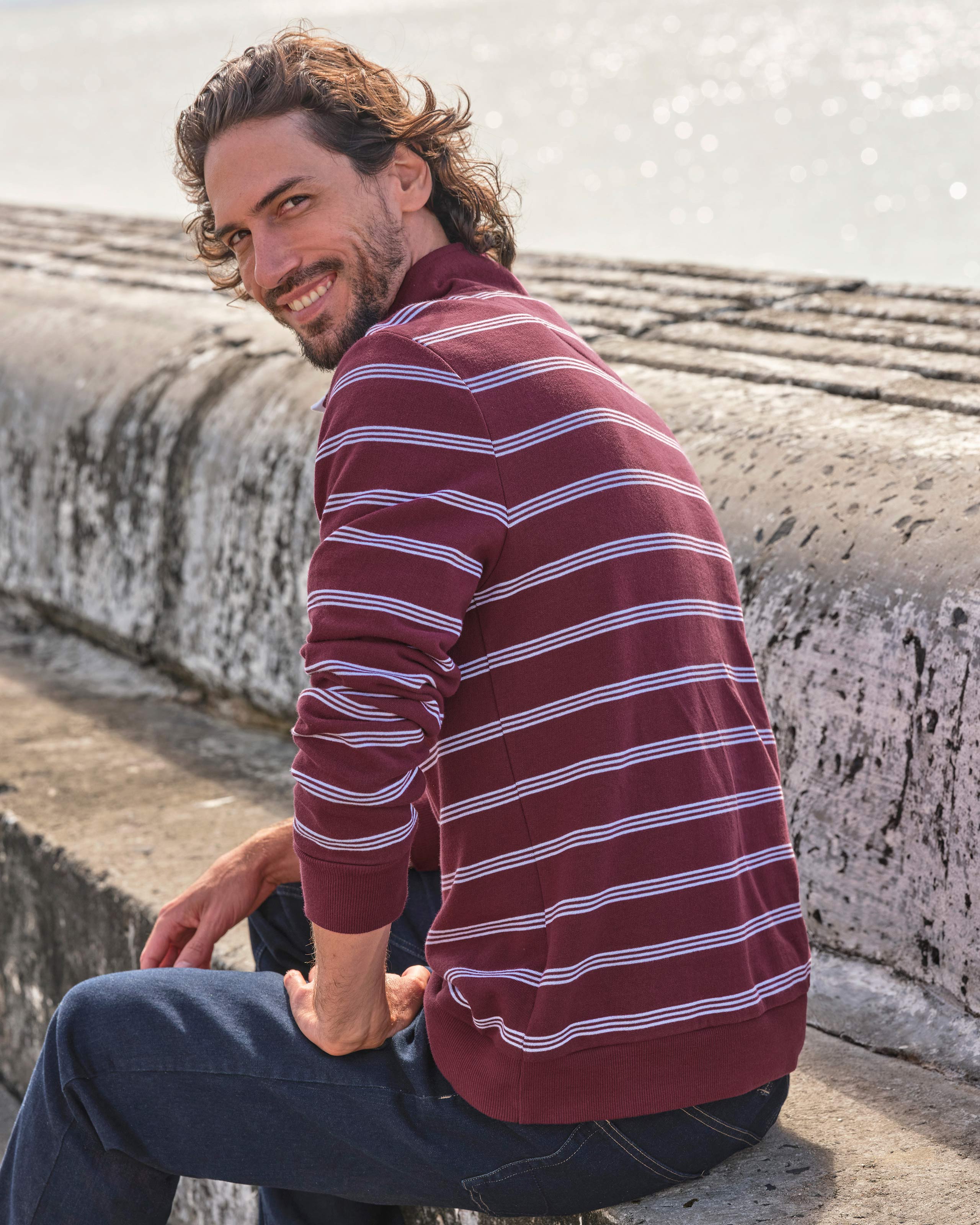 Striped Check Raspberry Raspberry Stripe | Cotton Half Zip Jumper | WoolOvers UK