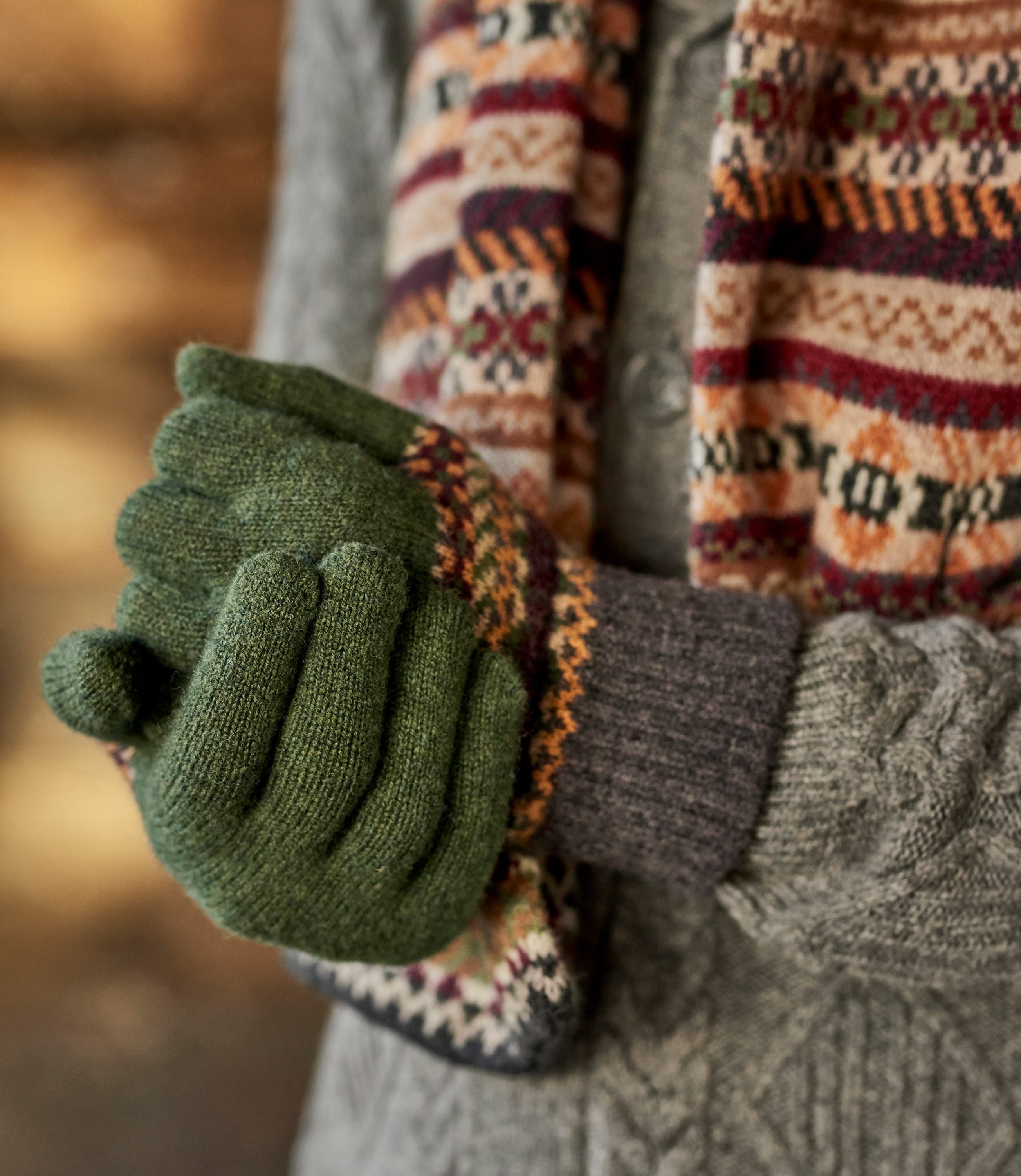 Multi Green Mens Lambswool Fairisle Gloves WoolOvers UK