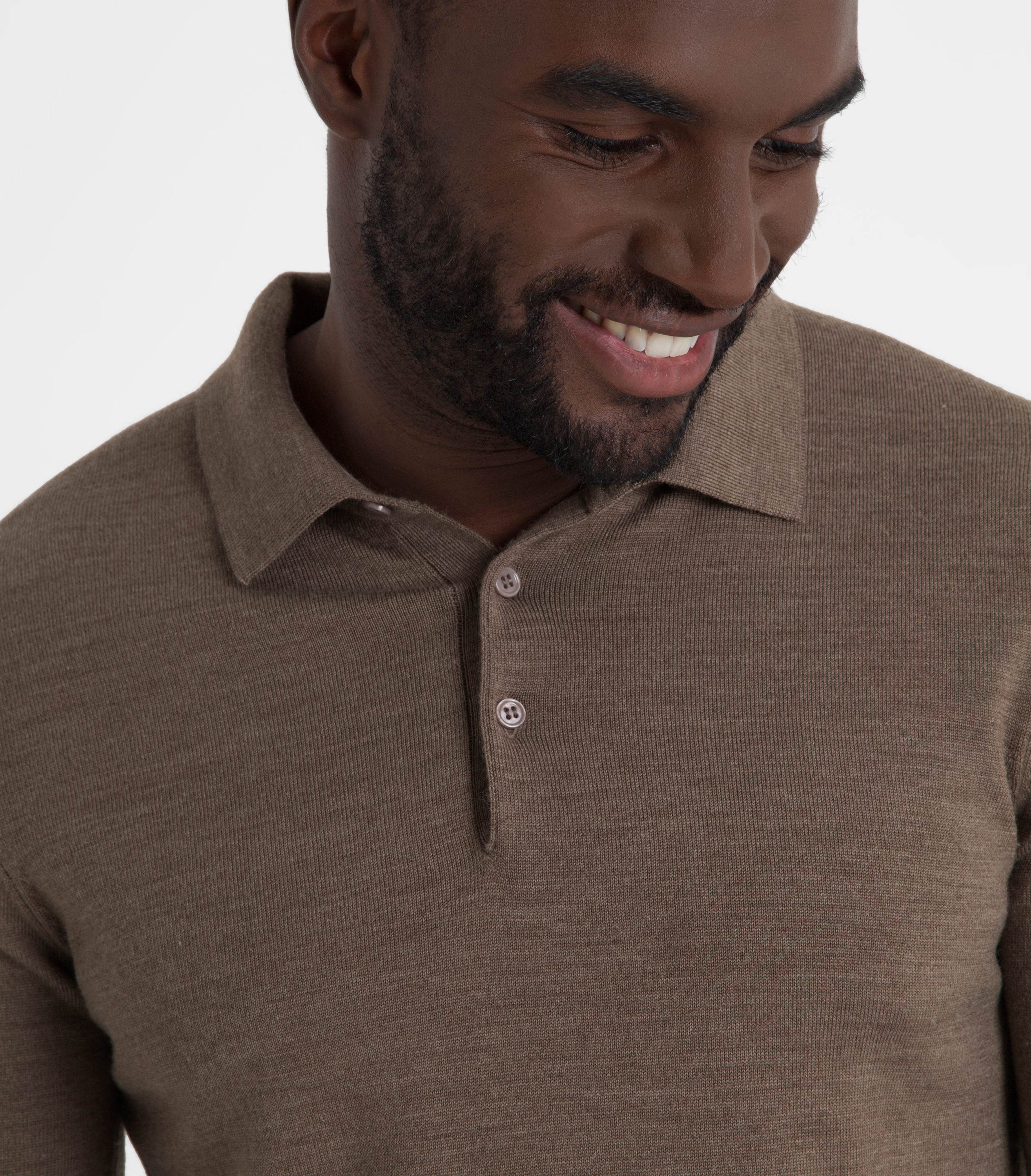 Taupe | Mens New Merino Long Sleeve Polo Shirt | WoolOvers AU