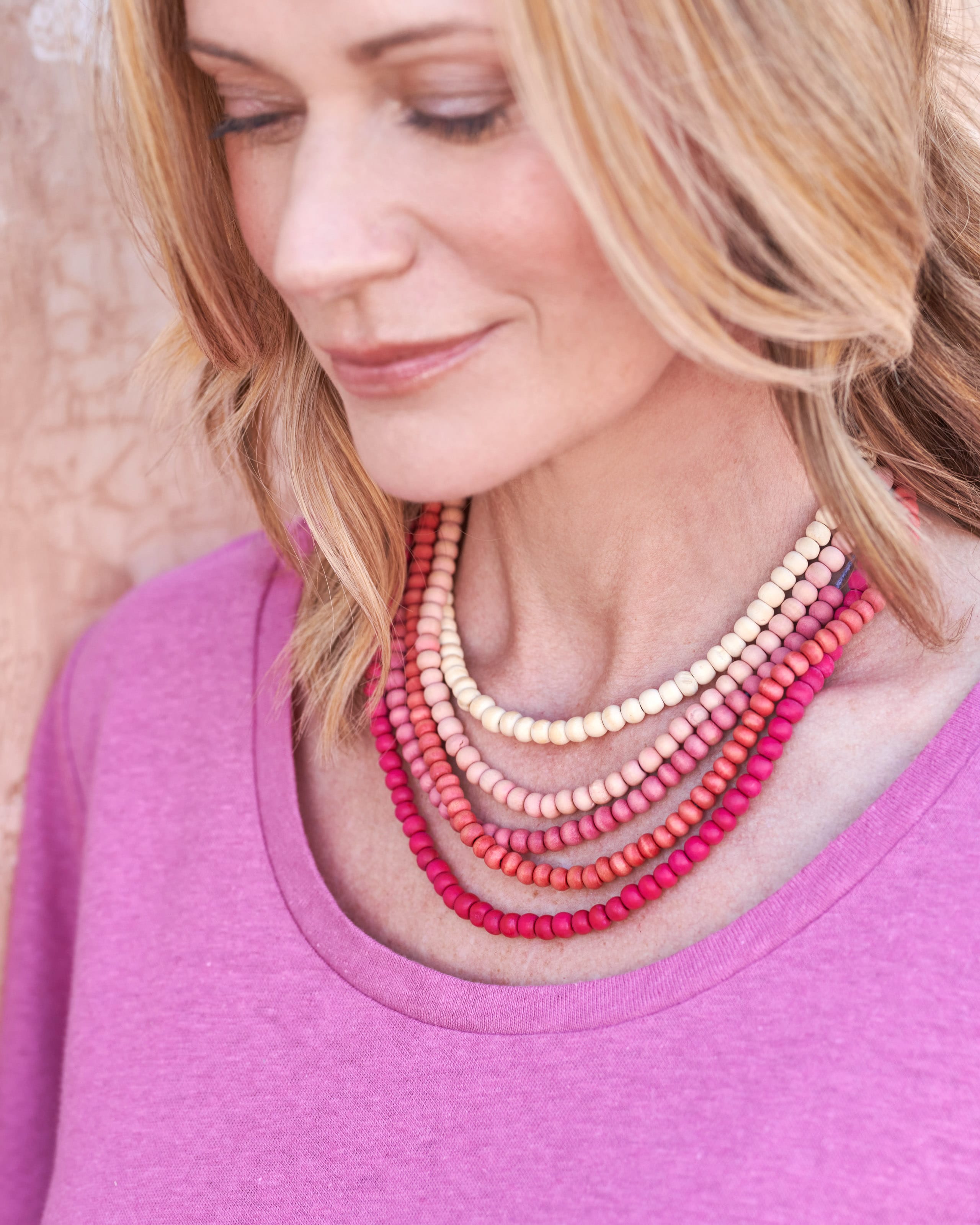 Multi Pink Wood 5 Strand Bead Necklace