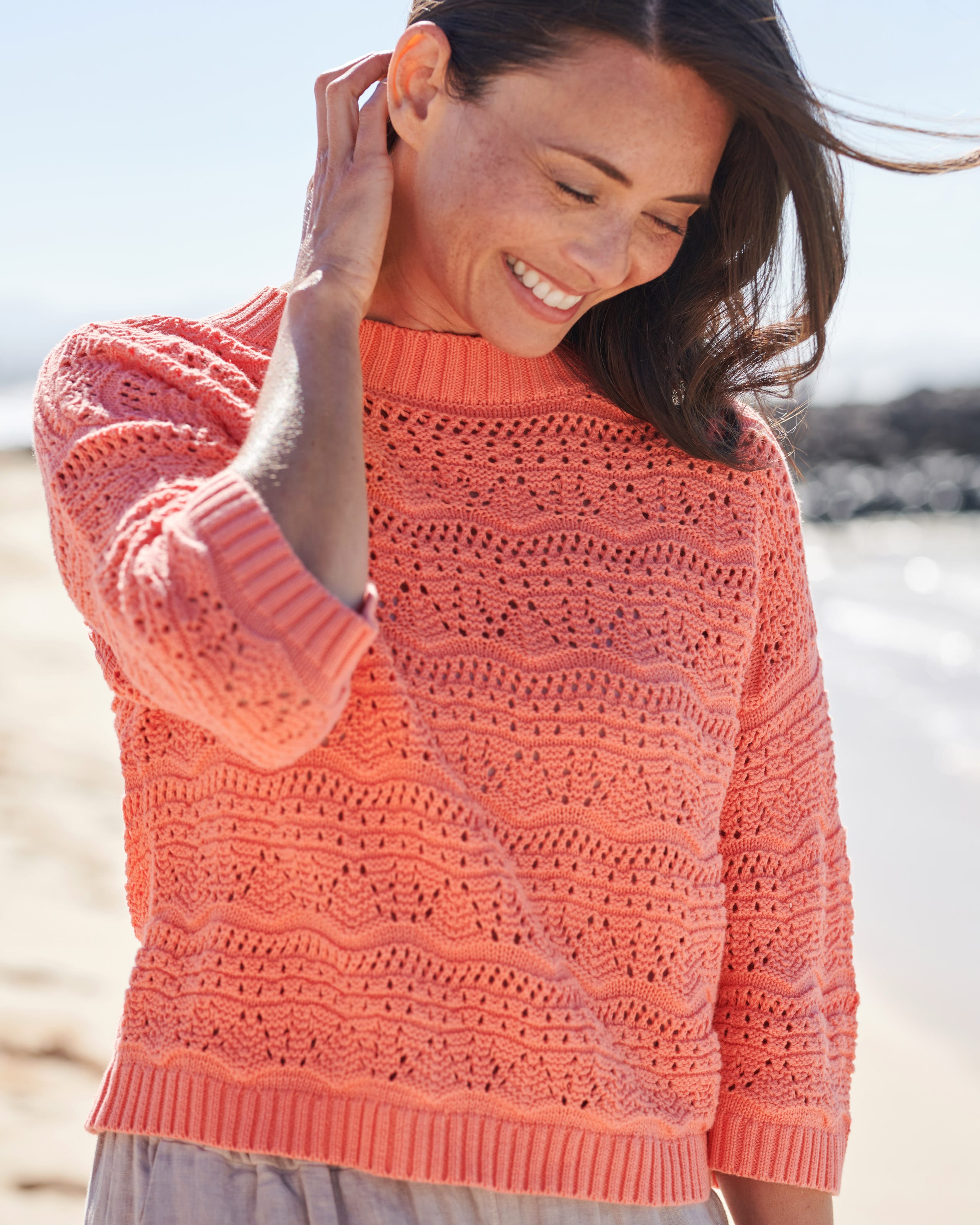 Bright Apricot Crochet Pointelle Jumper WoolOvers UK