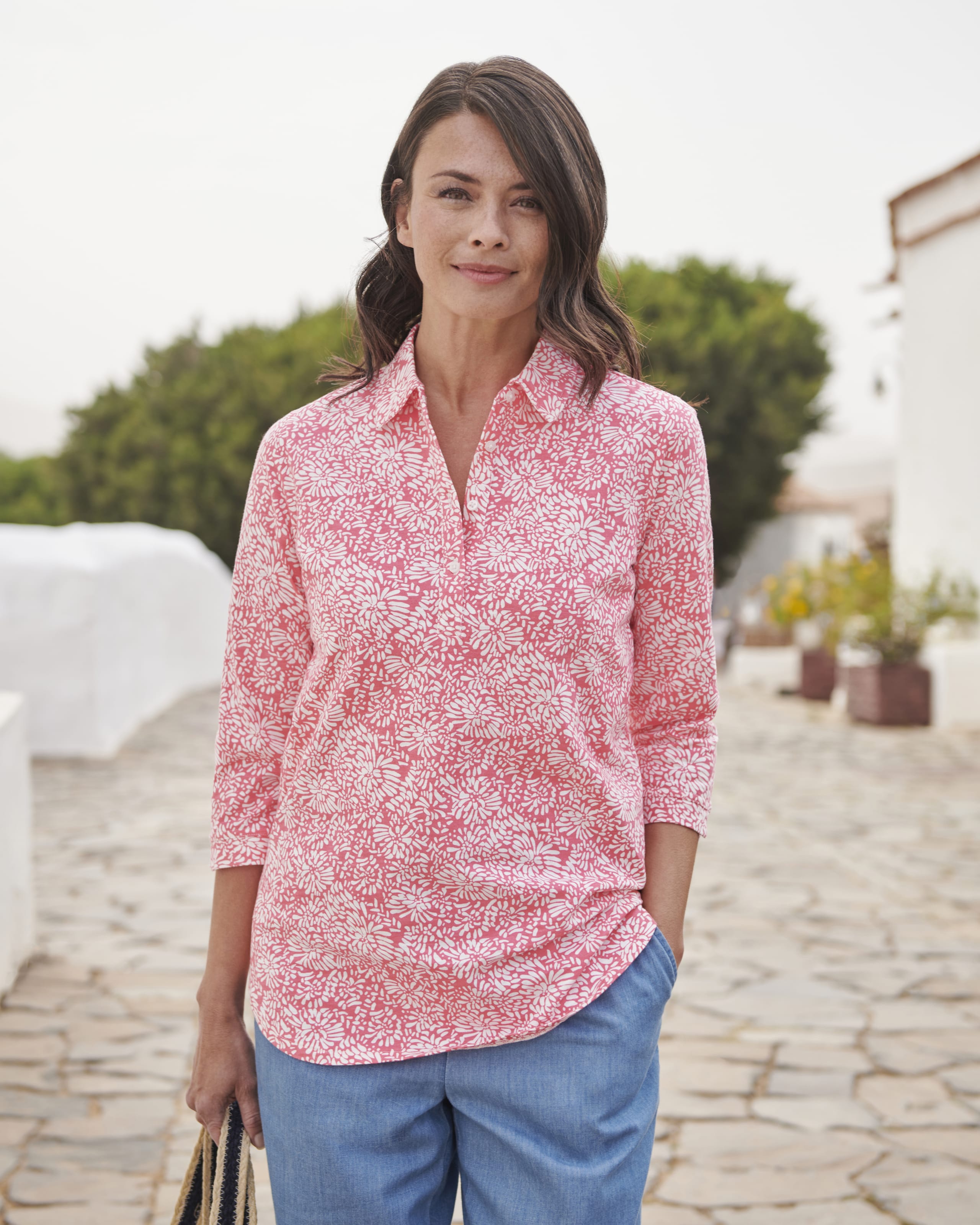 Pink/White Petal Print | Organic Jersey Long Line Shirt | WoolOvers AU