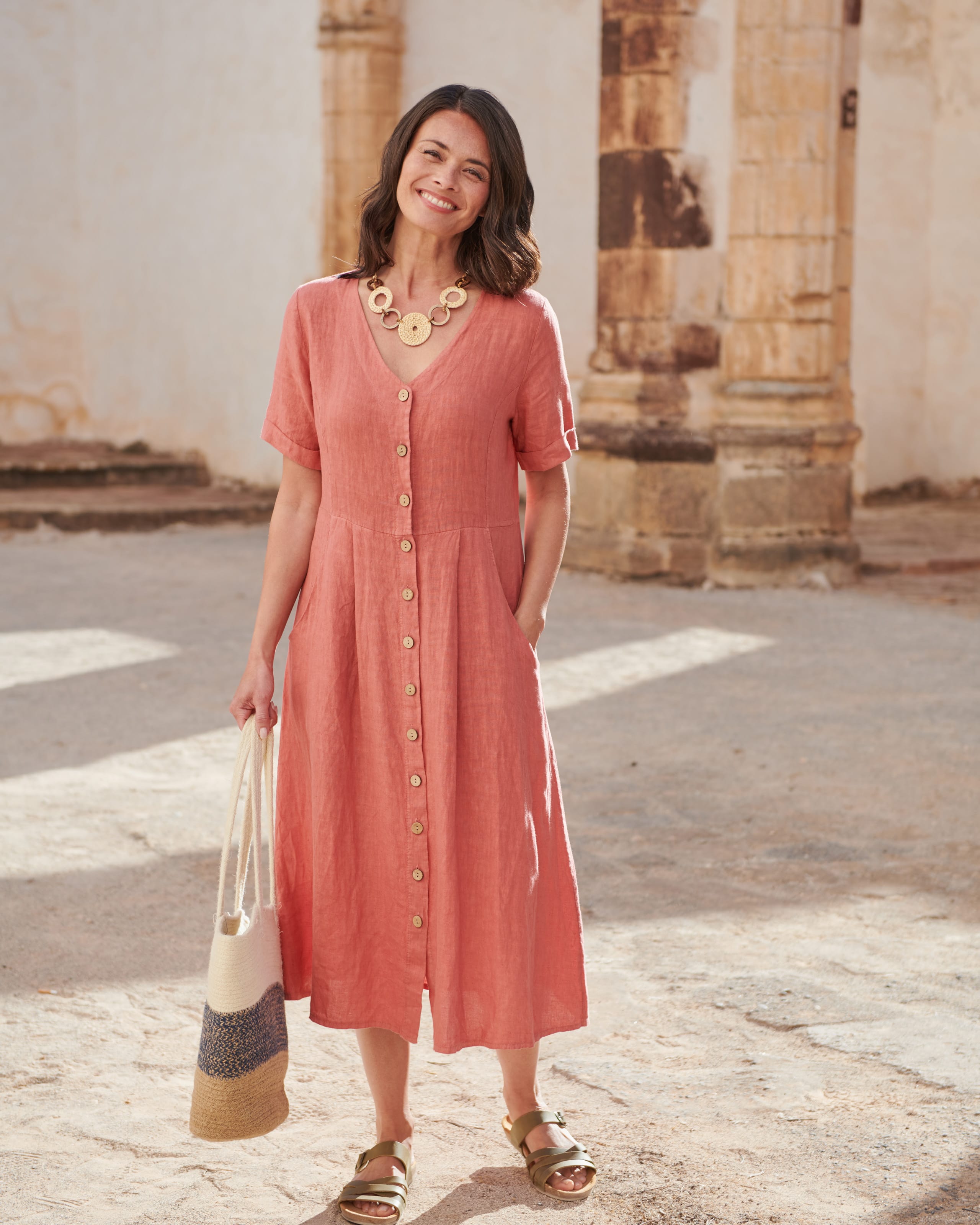Linen Dress Short Sleeve V-Neck Top 