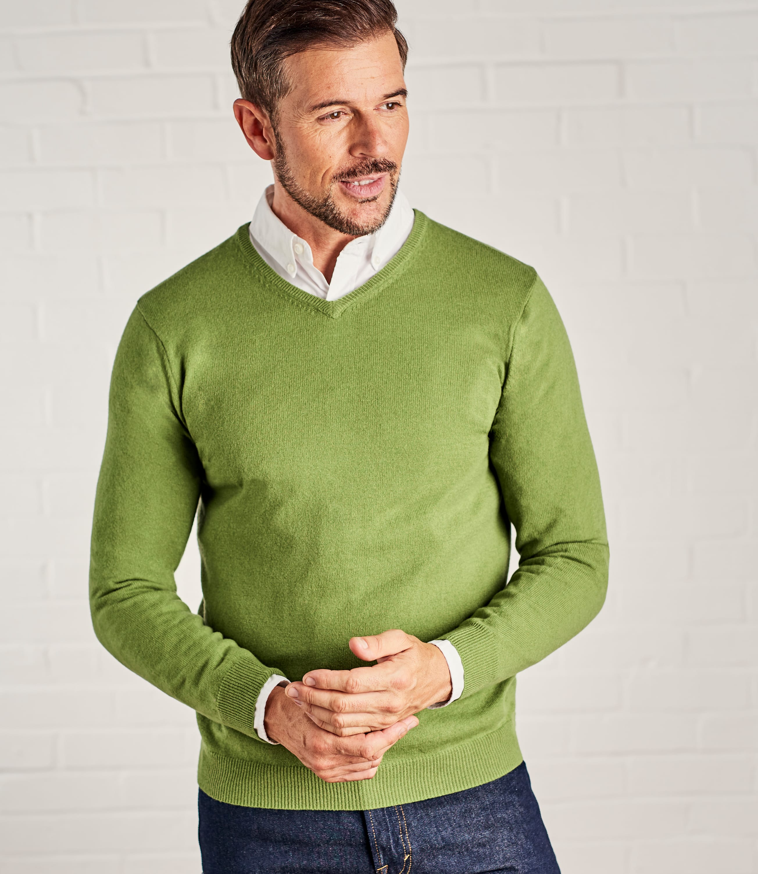 Pea Marl | Mens Cashmere & Merino V Neck Knitted Sweater | WoolOvers UK