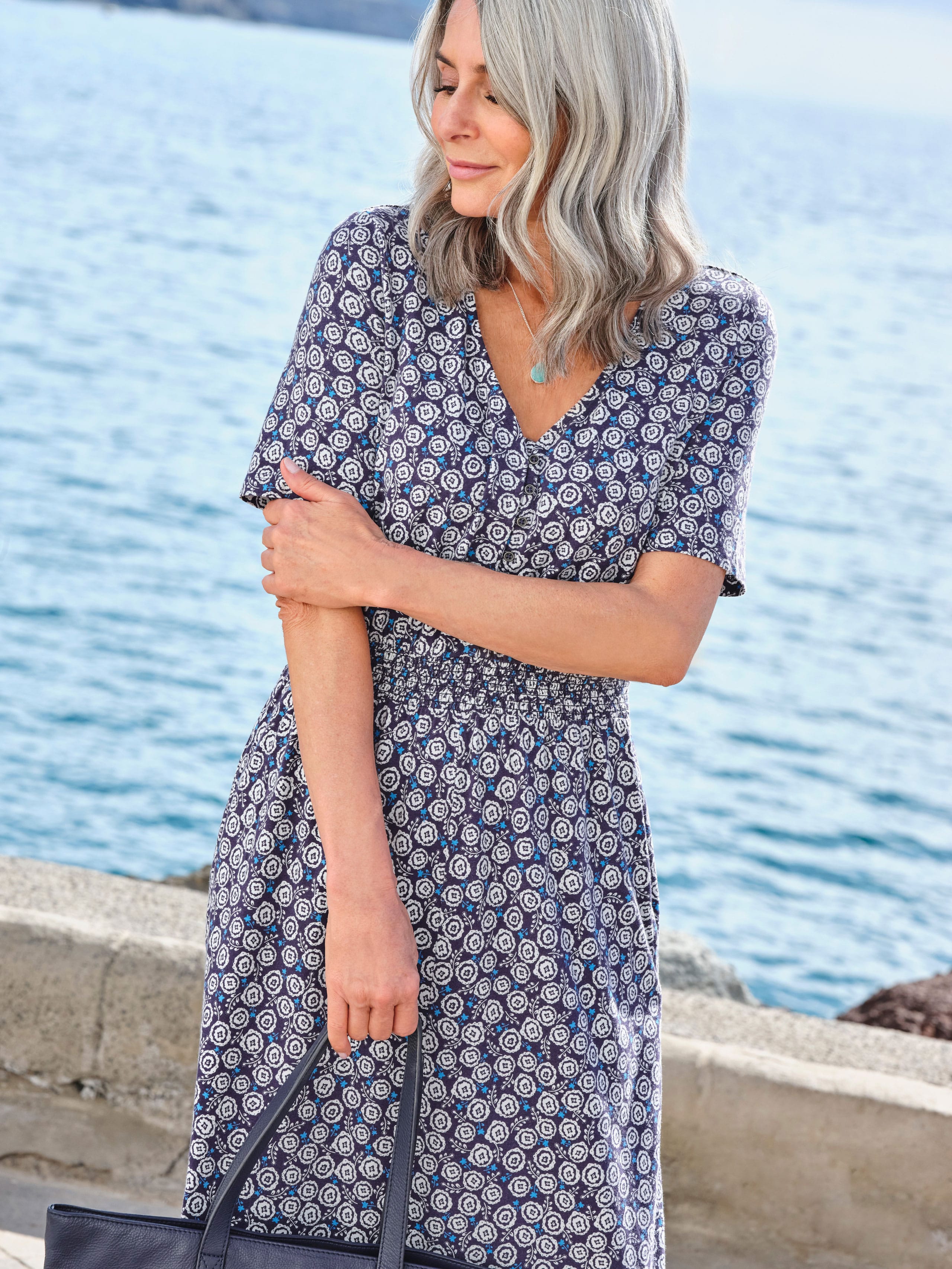 Shirred High Neck Abstract Stretch Dress
