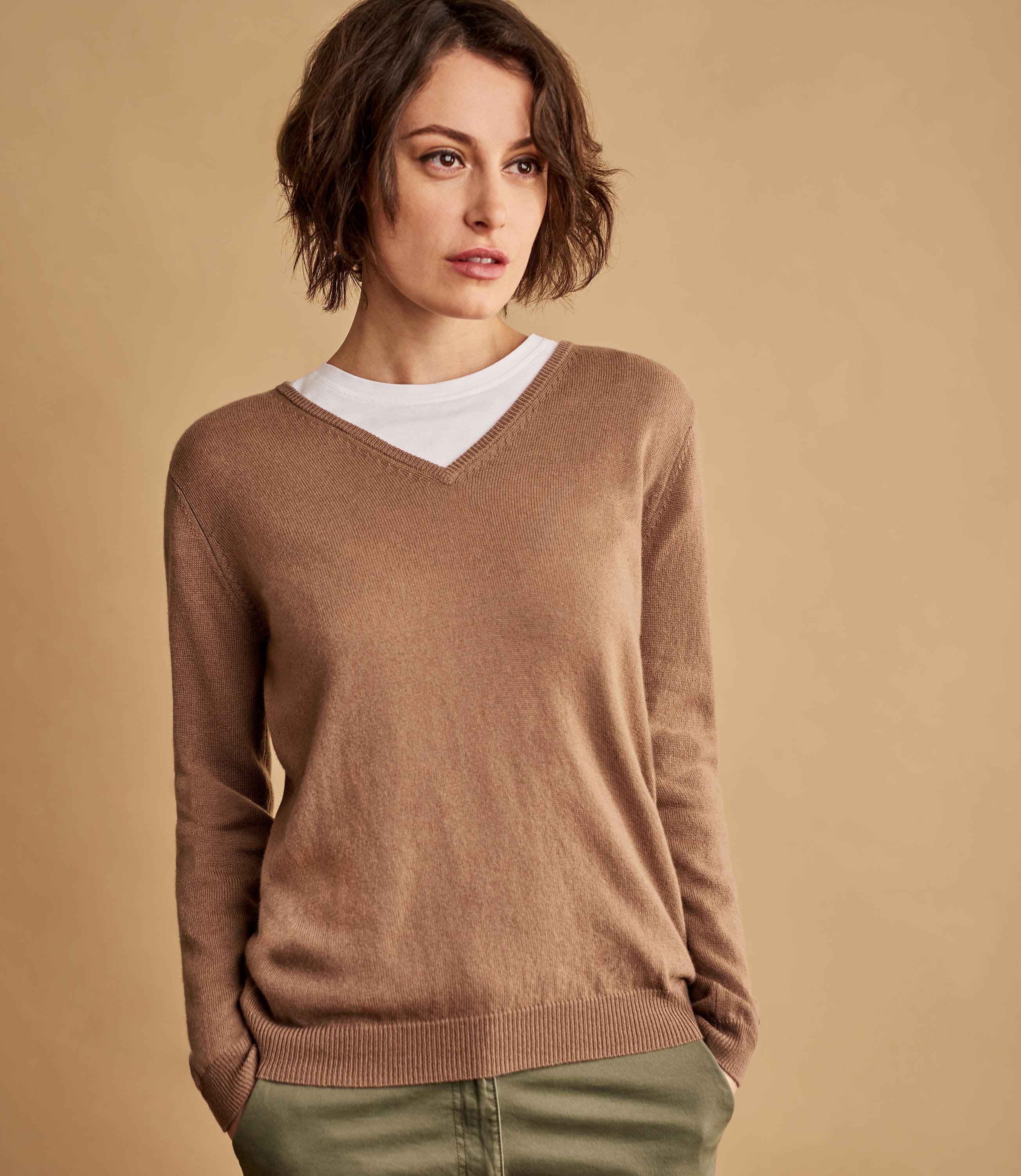 Dark Camel | Cashmere & Merino V Neck Knitted Sweater | WoolOvers UK