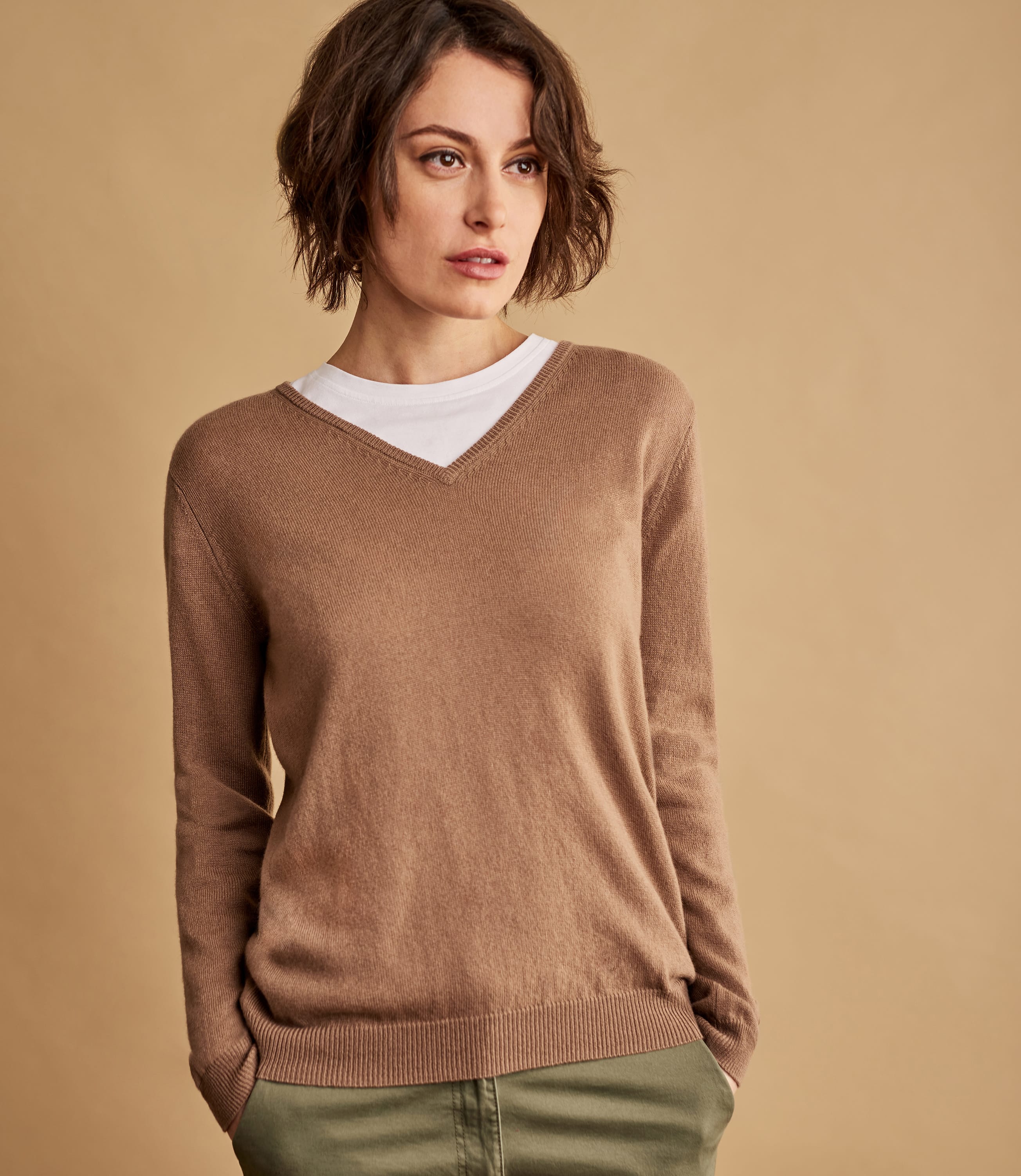 Dark Camel Womens Cashmere & Merino V Neck Knitted Sweater WoolOvers AU