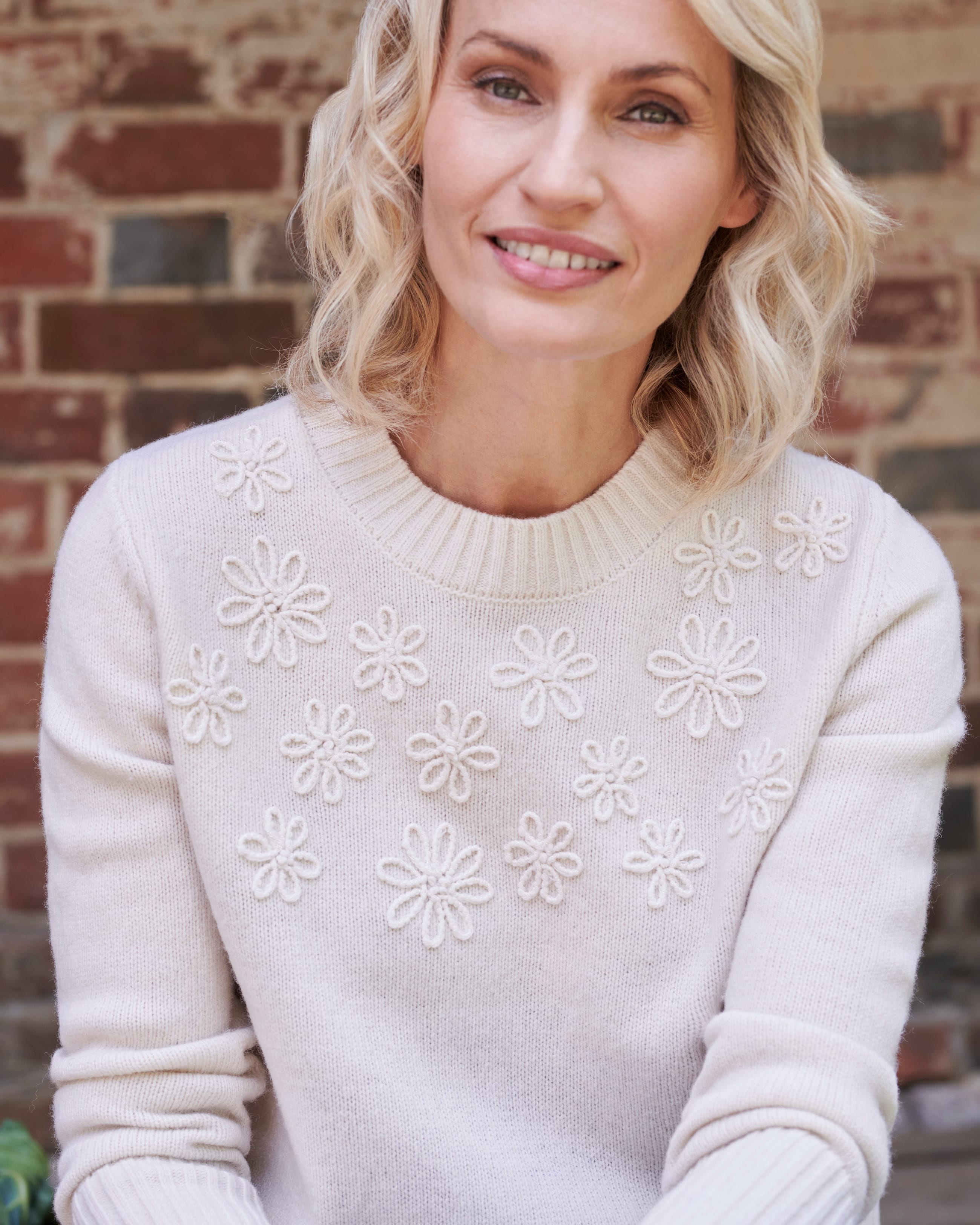 Cream Floral Embroidery Detail Crew Neck Jumper WoolOvers UK