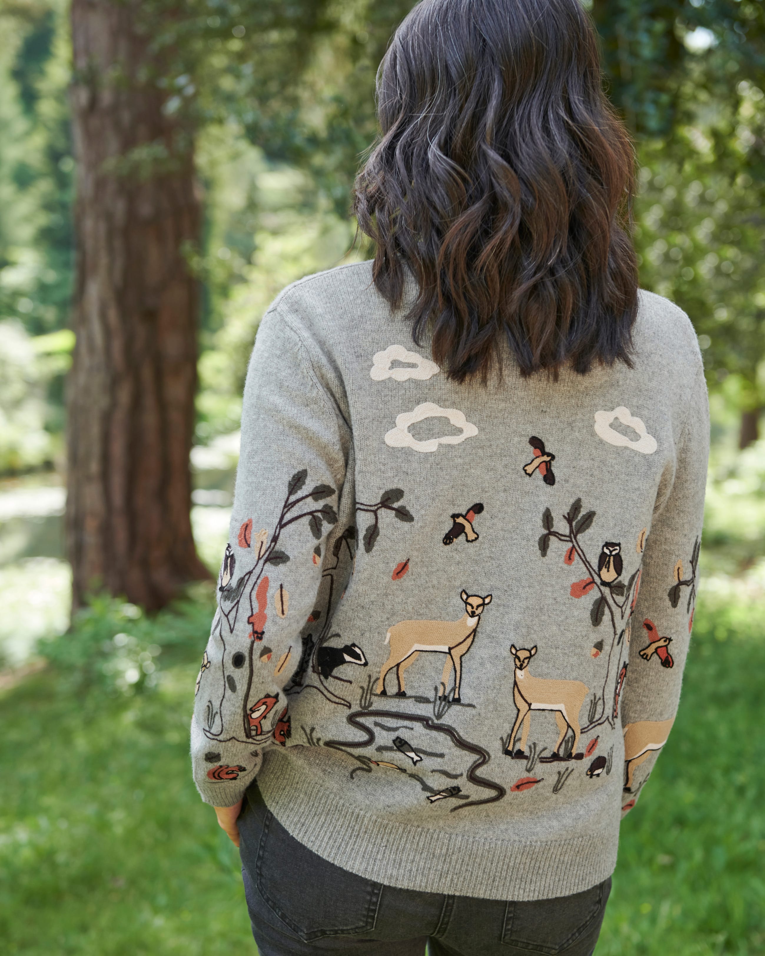 Grey Marl | Woodland Embroidered Cardigan | WoolOvers US