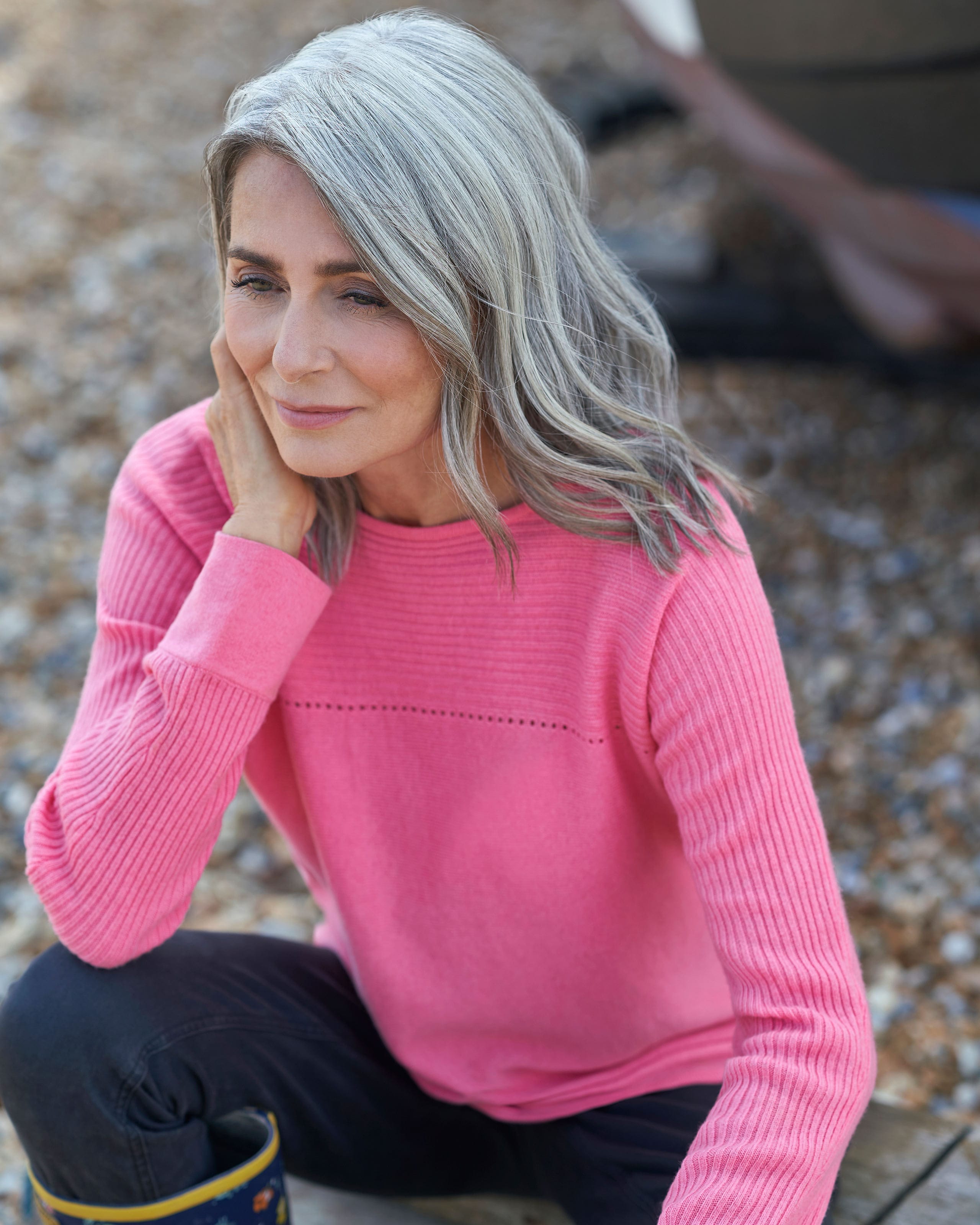 Rose Pink Cashmere Merino Rib Yoke Pointelle Jumper WoolOvers AU