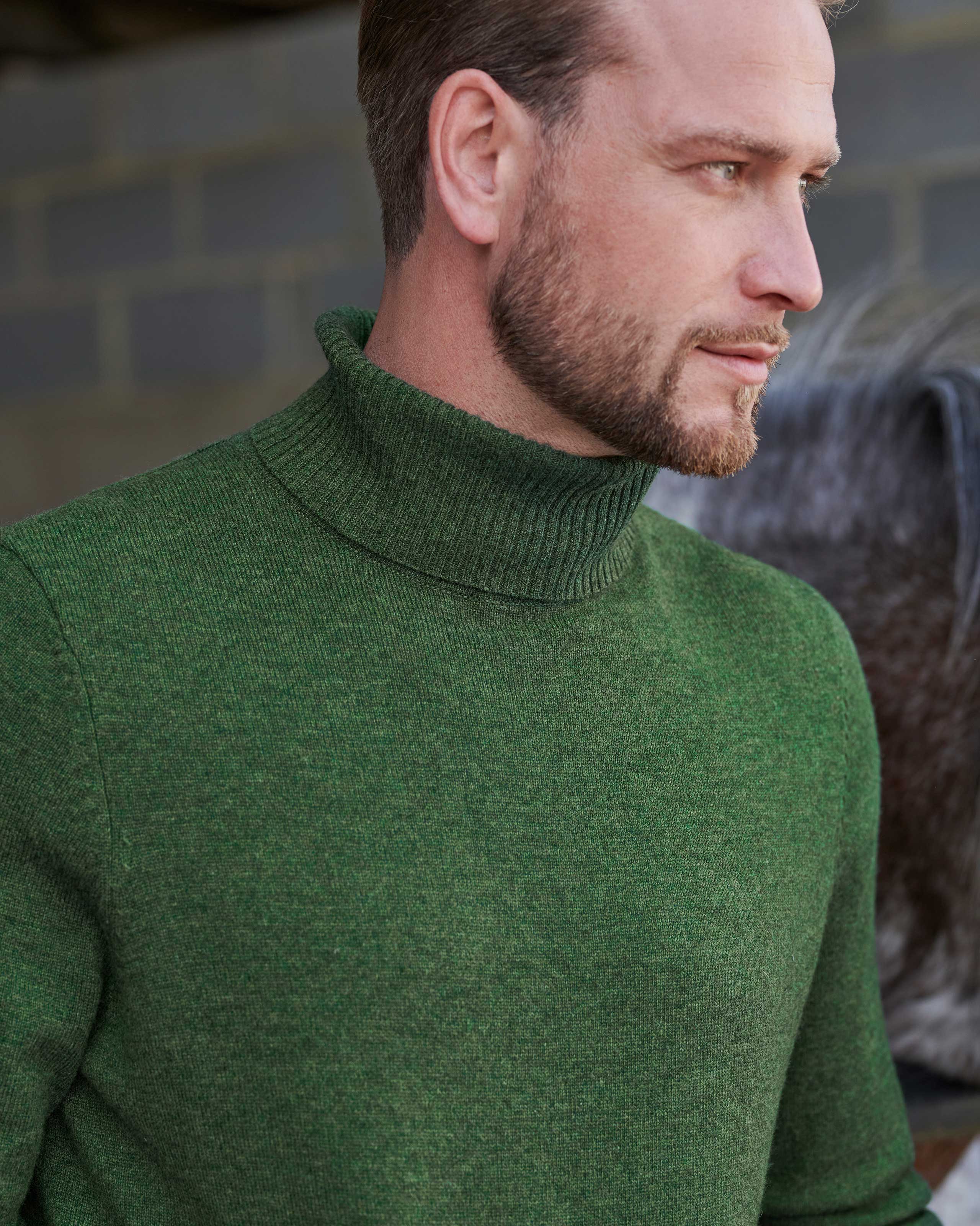 Tweed Green | Cashmere & Merino Polo Neck Jumper | WoolOvers UK