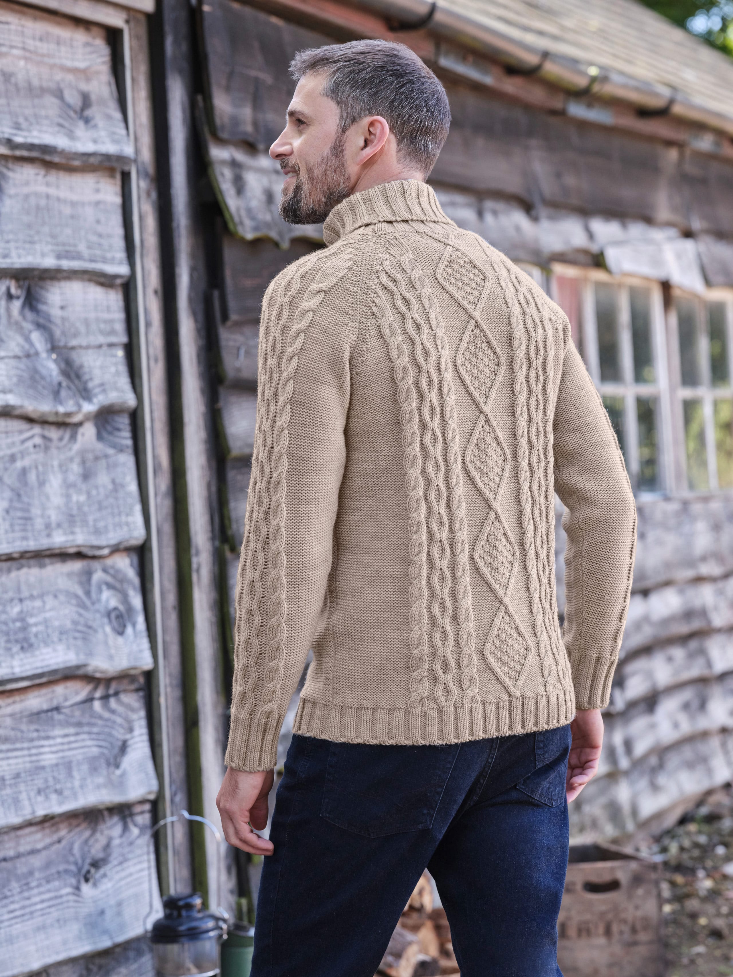 Oatmeal | Pure Wool Knitted Aran Polo Neck Jumper | WoolOvers UK