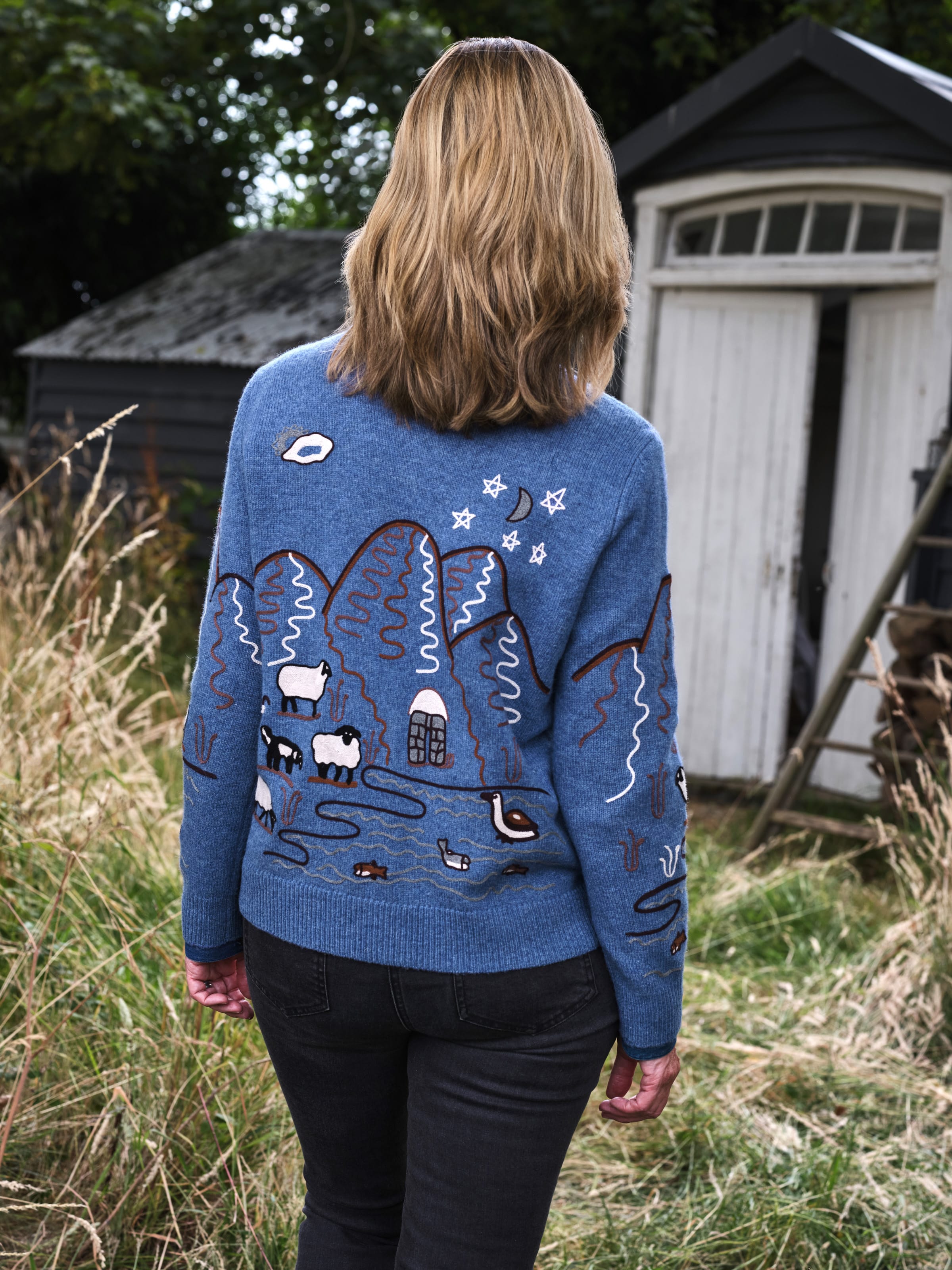 Denim Blue Shepherd Embroidered Jumper WoolOvers UK