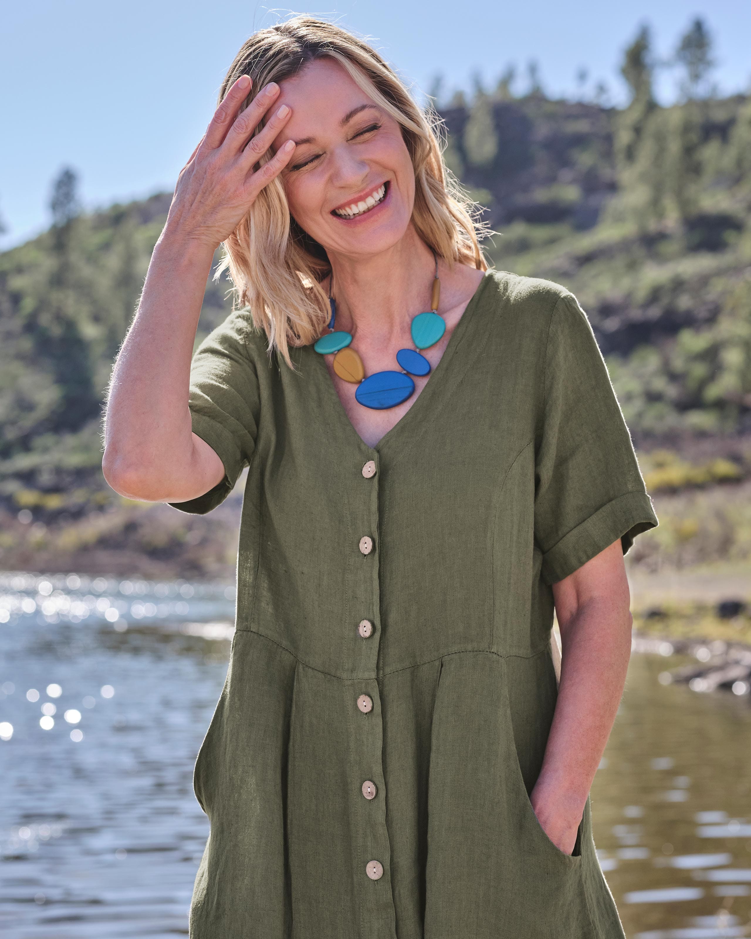 Linen Shirt Dress Khaki Green