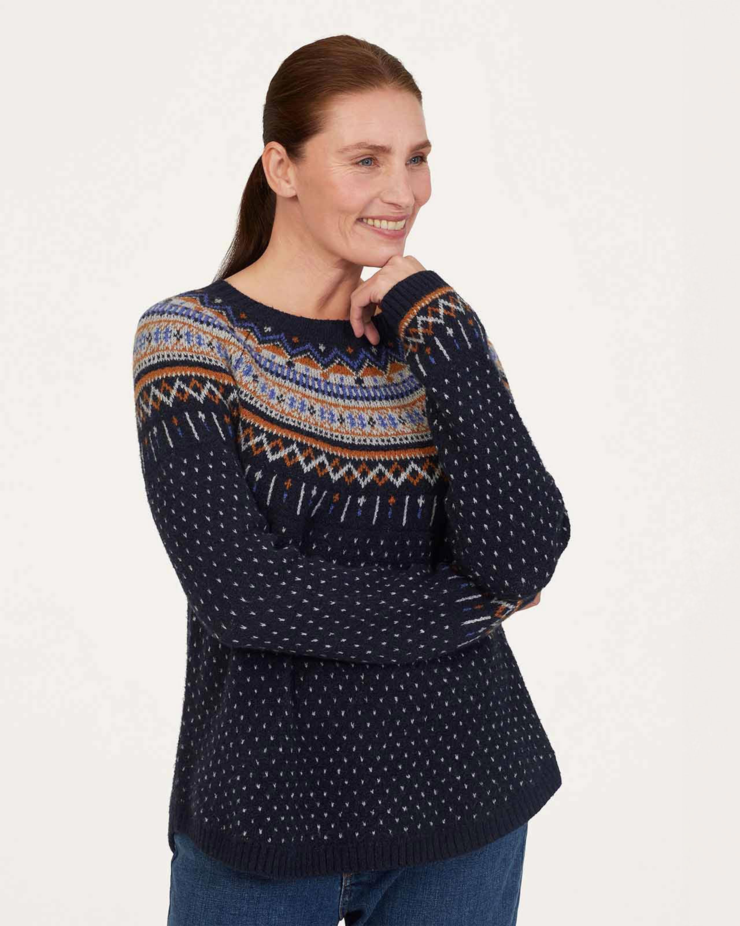 Navy | Freayer Organic Cotton Fluffy Fair Isle Jumper | WoolOvers UK