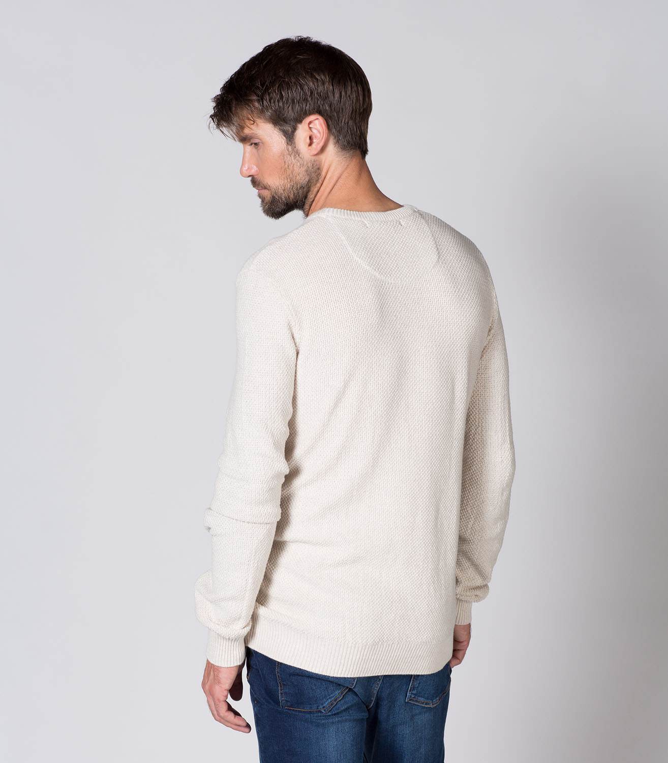 Oatmeal | Mens 100% Cotton Texture Crew Neck Jumper | WoolOvers UK
