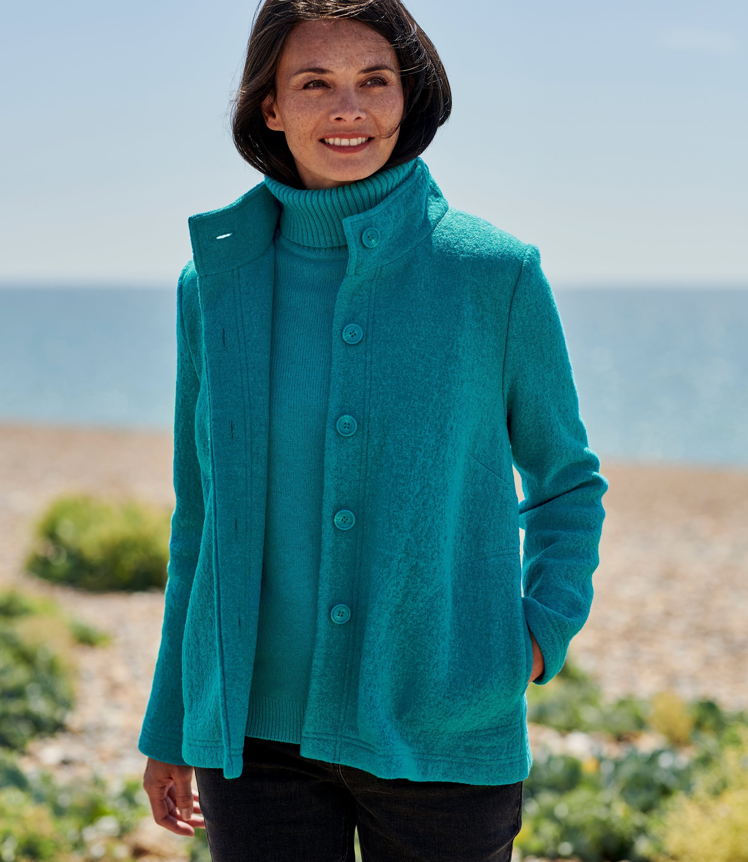 Cyan Blue Pure Wool Womens Boiled Wool Short Coat