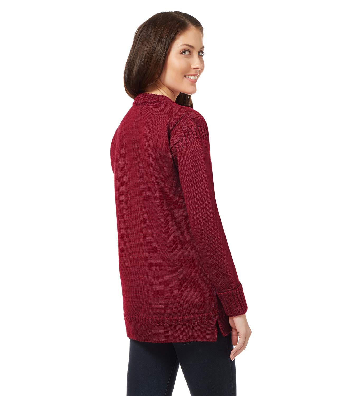 Burgundy Womens Pure Wool Guernsey Long Crew Neck Cardigan WoolOvers AU