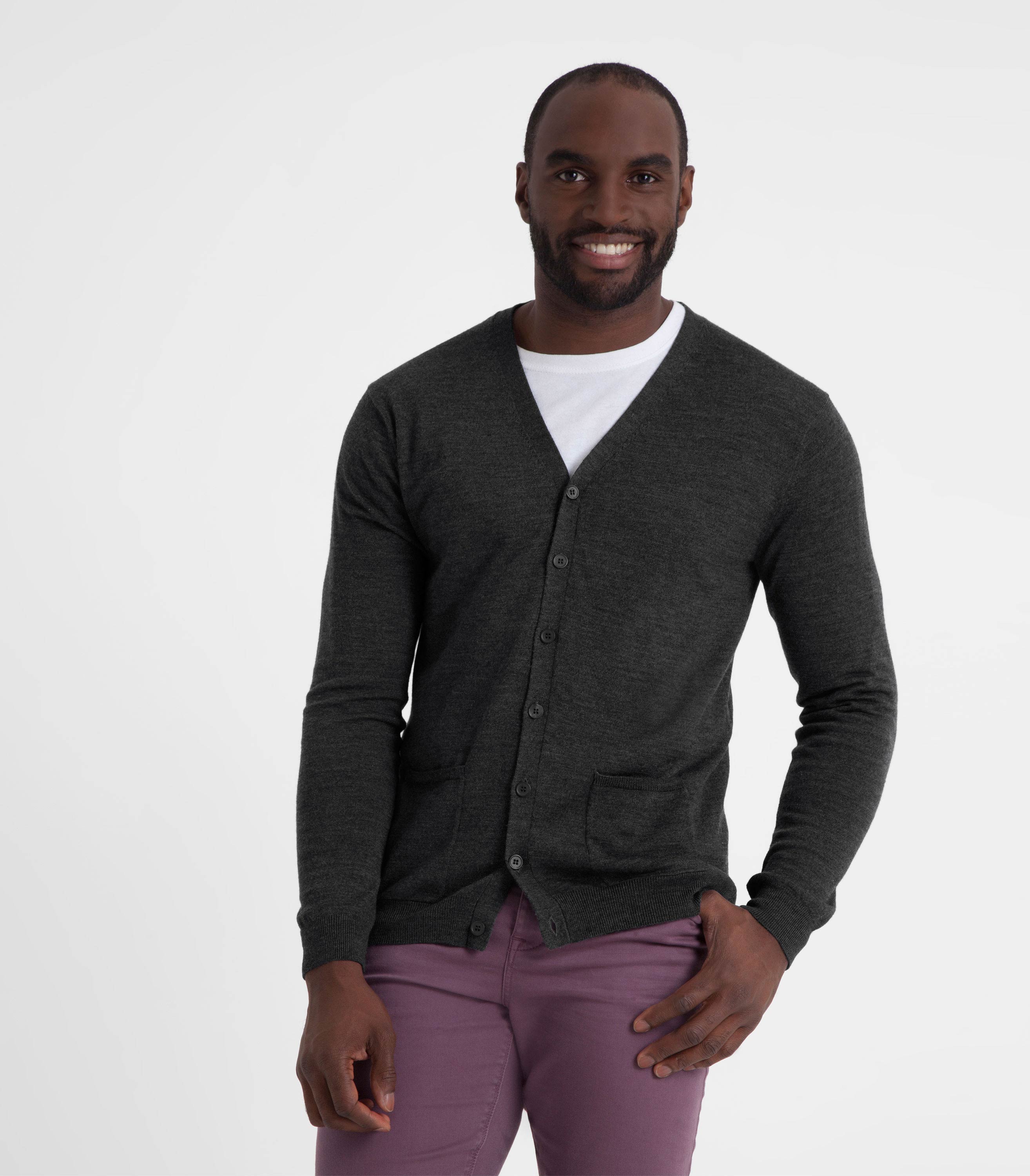 Charcoal | Mens Luxurious Merino V Neck Cardigan | WoolOvers AU