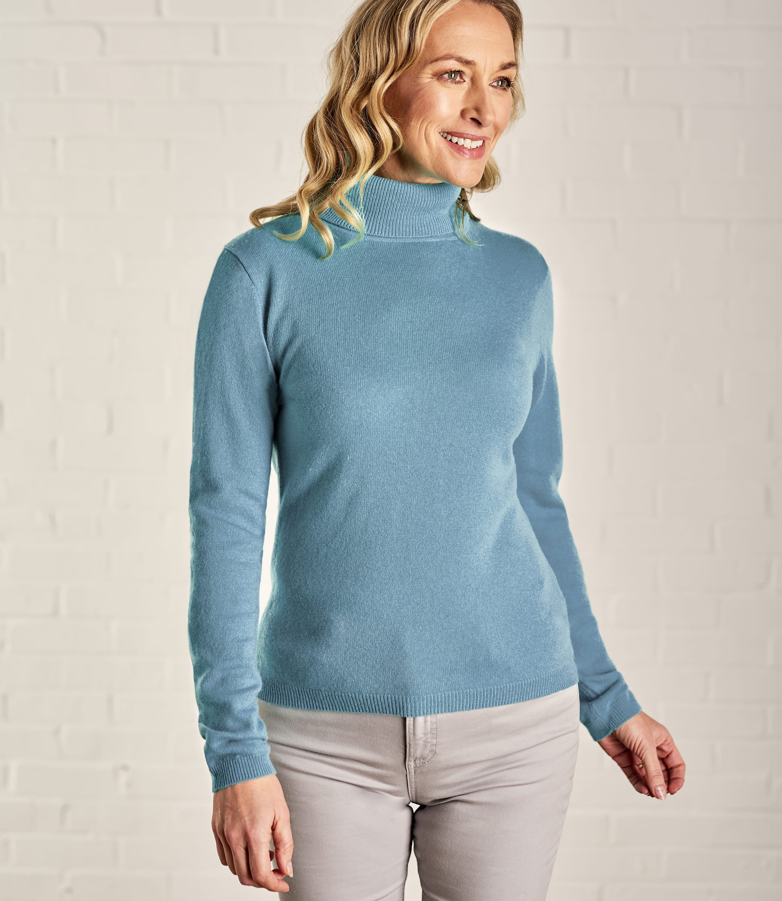 Spearmint Blue | Womens Cashmere & Merino Fitted Polo Neck Knitted Jumper | WoolOvers AU