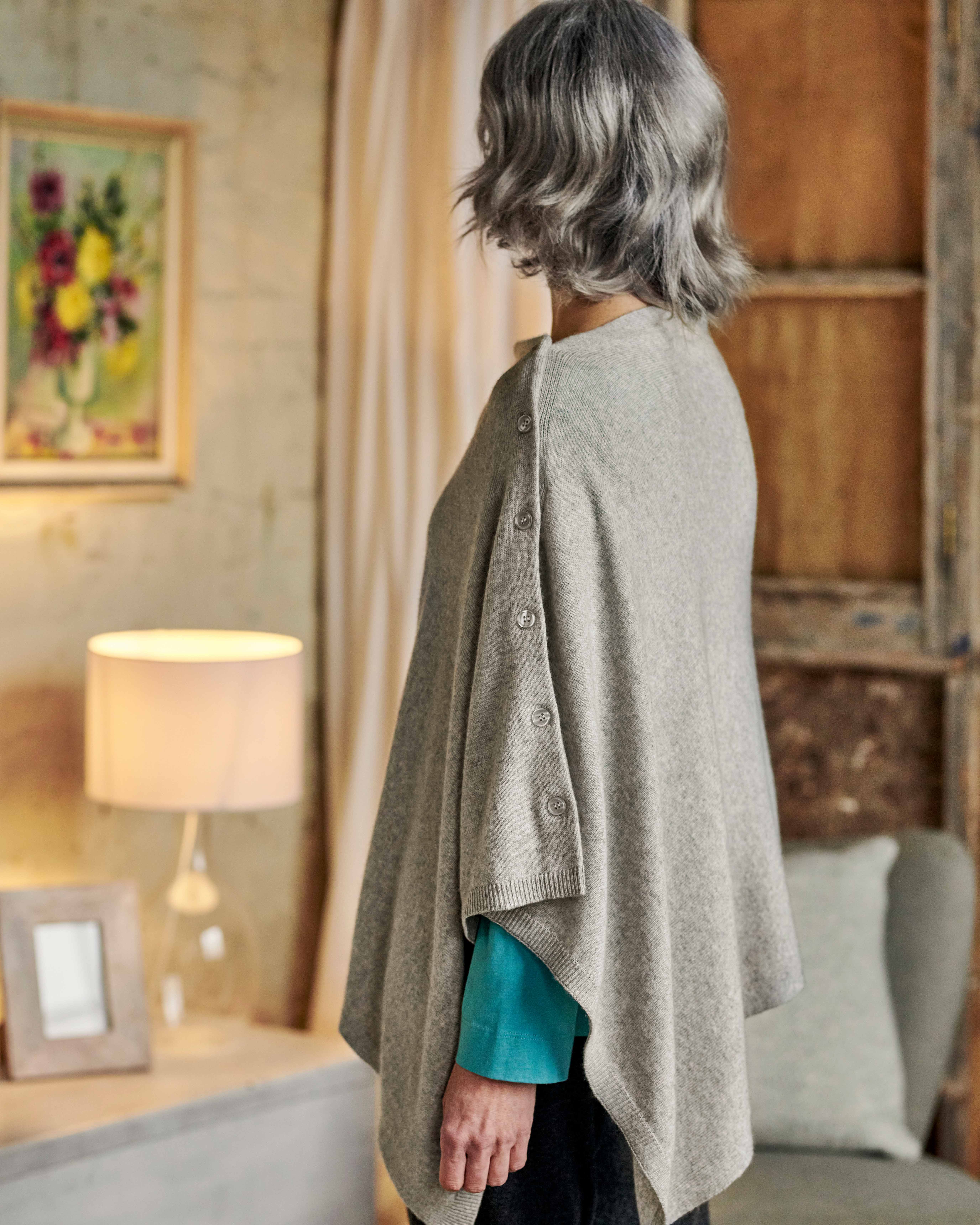 Women’s Poncho – Wool Blend – Loose Fit – Beaded Fringe – Asymmetric Hem – Mid Length main image 0