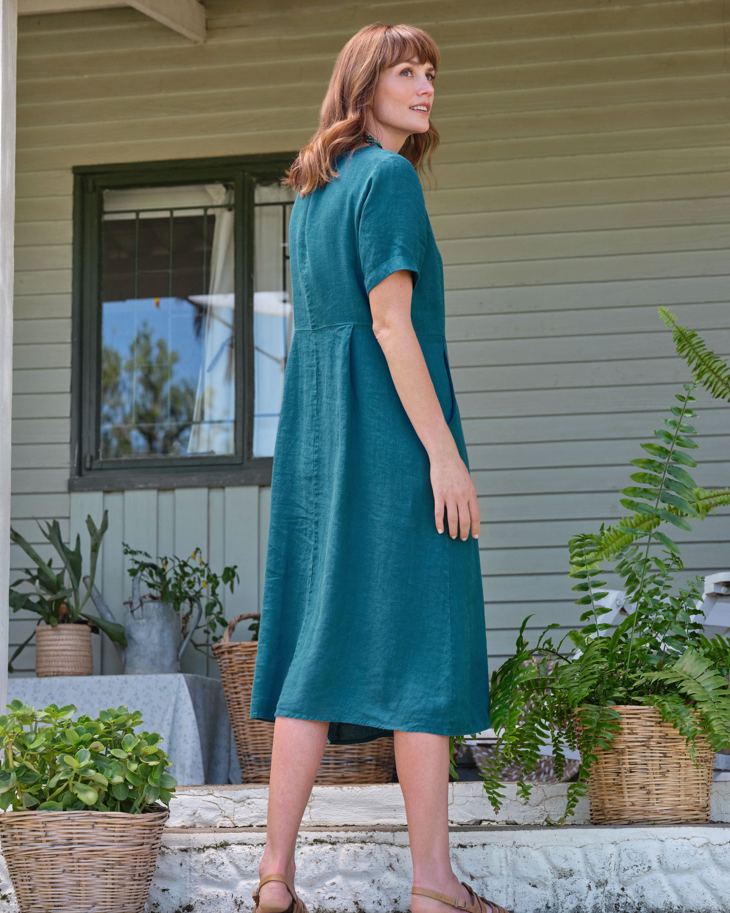 Robe Femme Été En Coton Et Lin - Col V Boutonné, Manches Courtes, Poches, Style Bohème Décontracté Midi