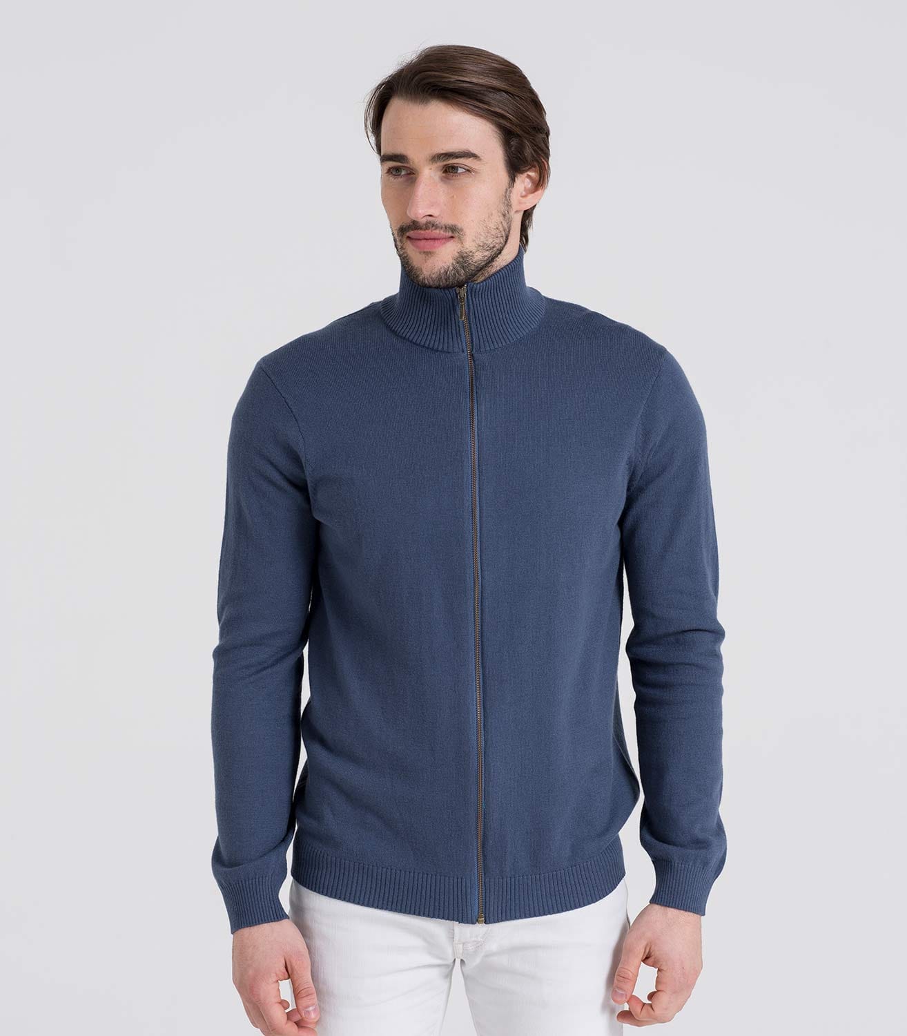 French Navy | Mens Cashmere & Cotton Zip Through Cardigan | WoolOvers UK