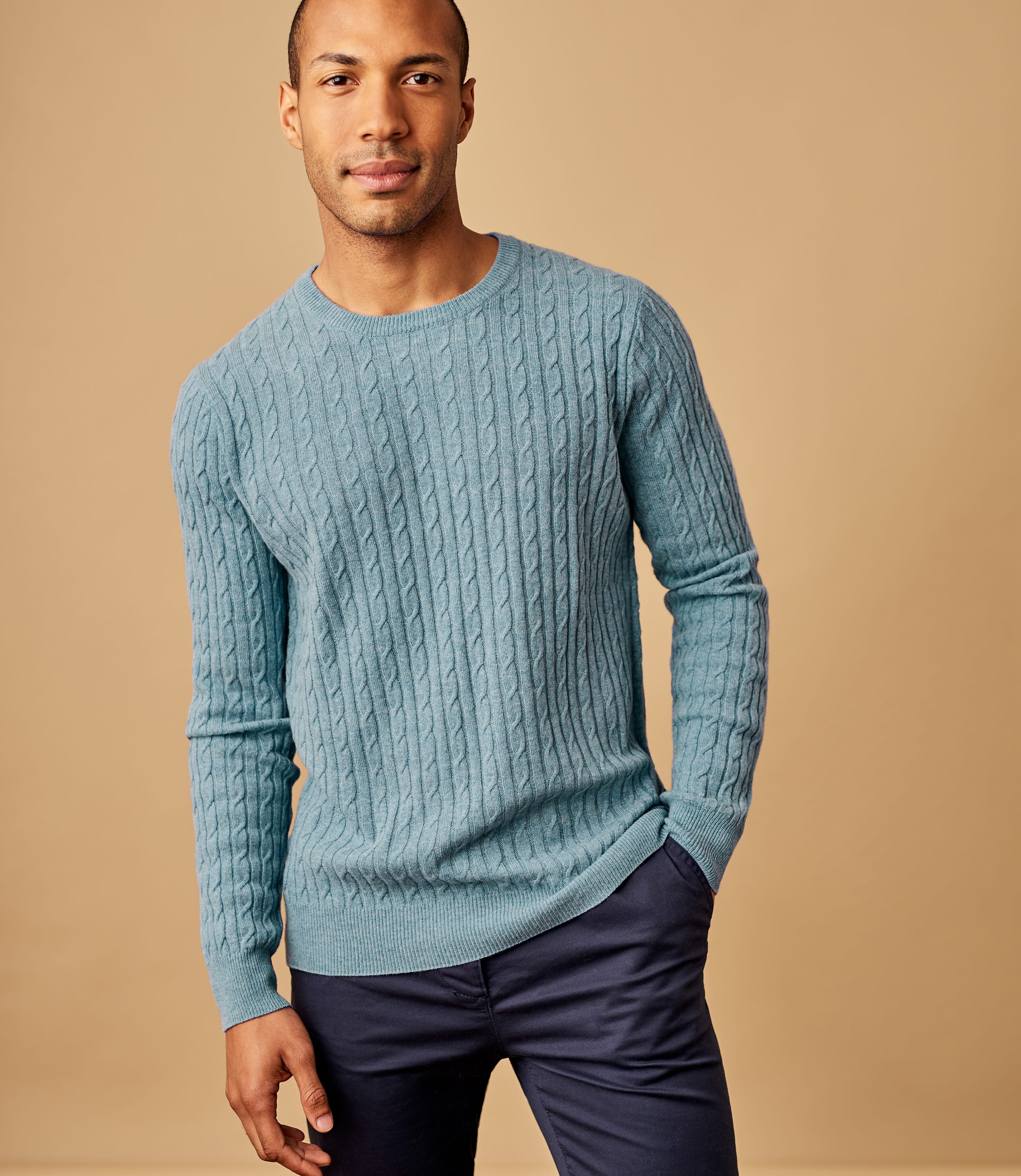 Kingfisher | Mens Cashmere & Merino Cable Crew Neck Jumper | WoolOvers AU