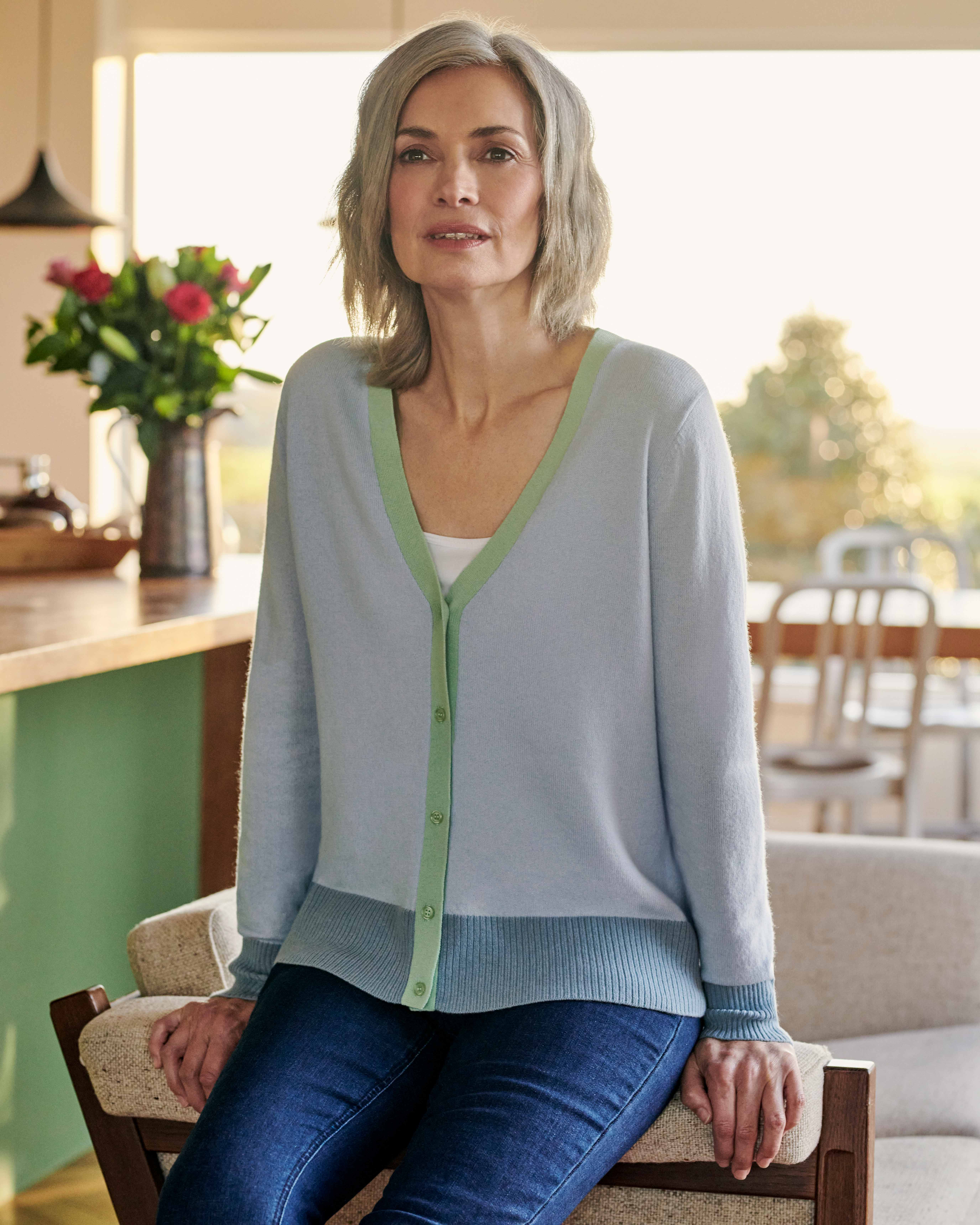 Powder Blue Combo Contrast Trim V Neck Cardigan WoolOvers UK