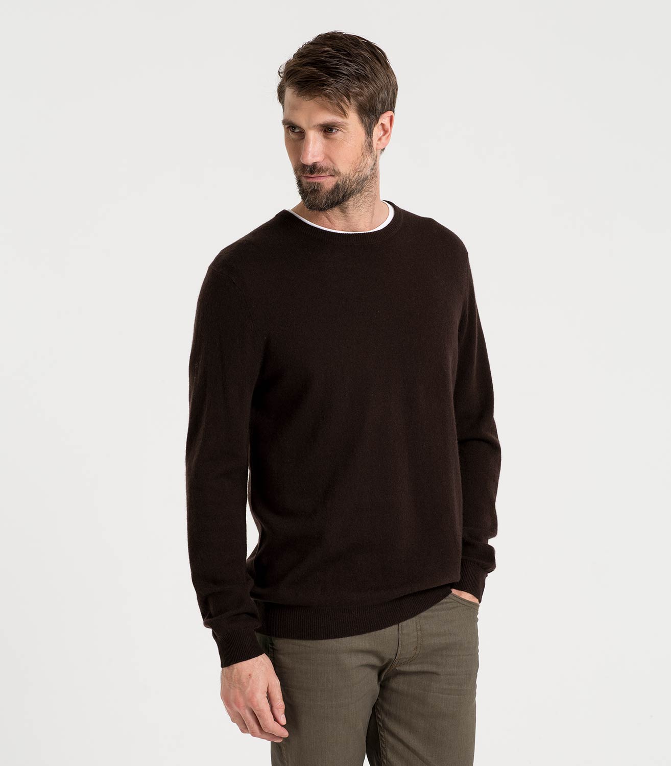 Chocolate | Mens Cashmere & Merino Crew Neck Sweater | WoolOvers US