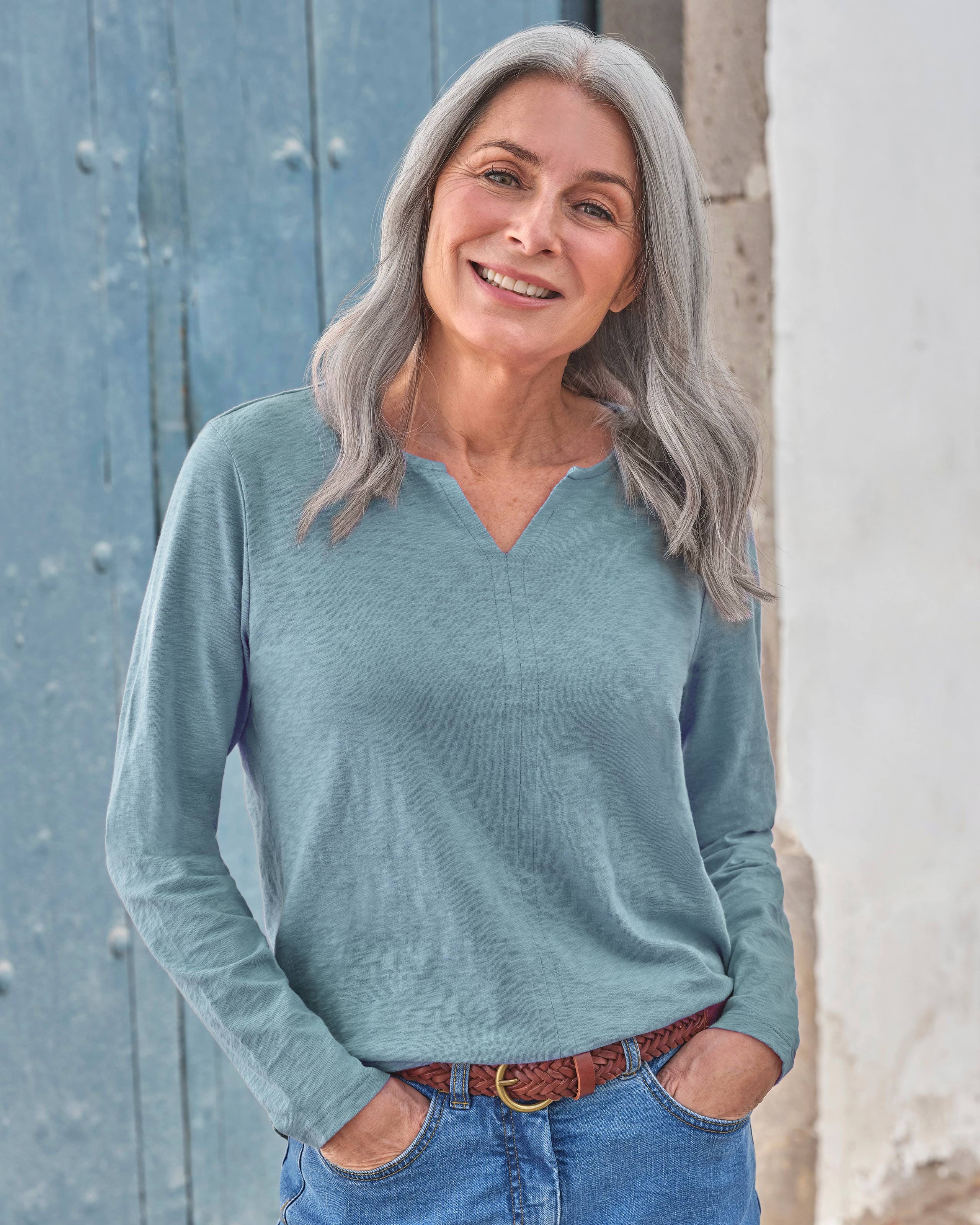 Dusk Blue Waffle Split V Neck Drop Shoulder Long Sleeve Top