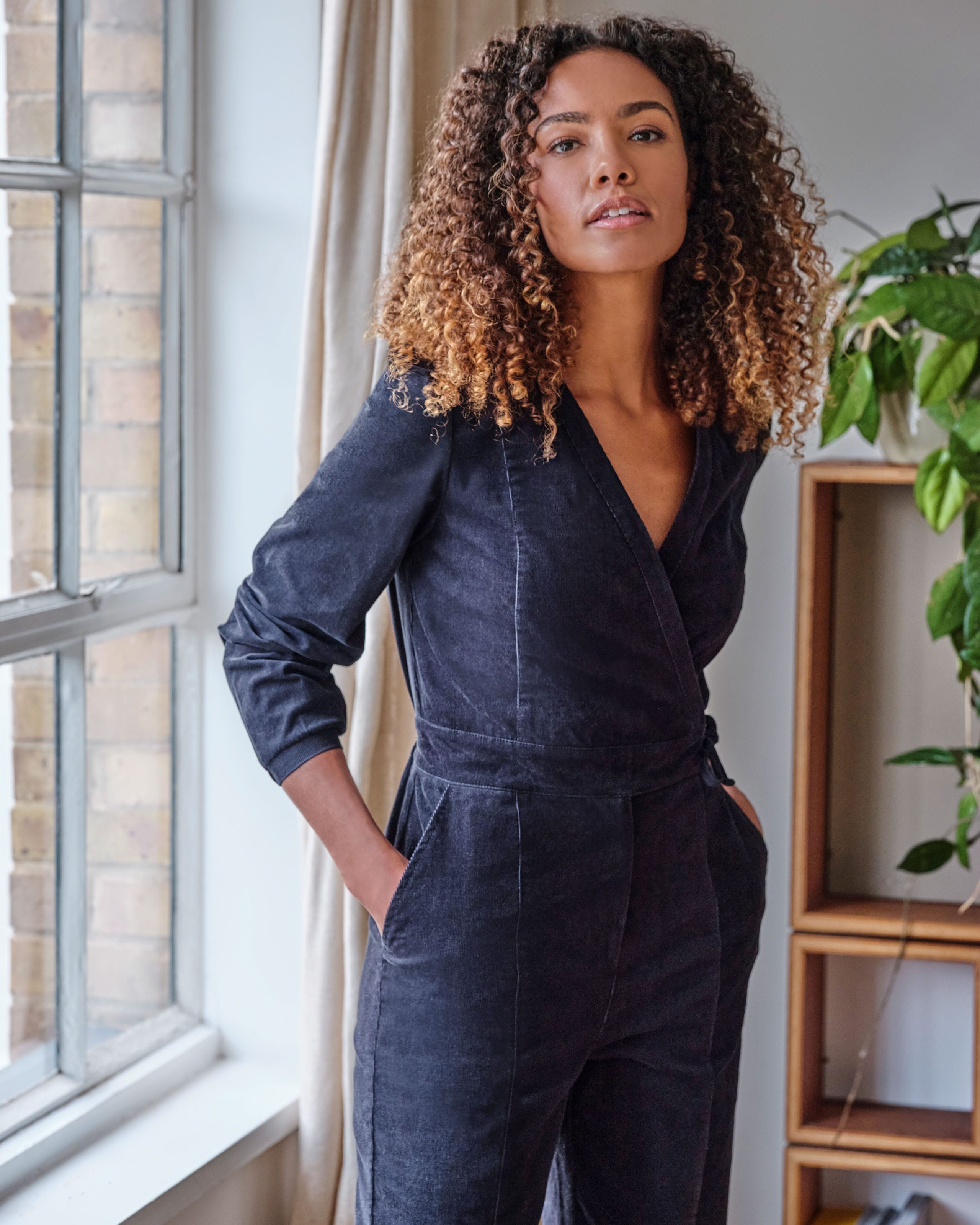 Navy Milou Organic Cotton Corduroy Wrap Jumpsuit WoolOvers US