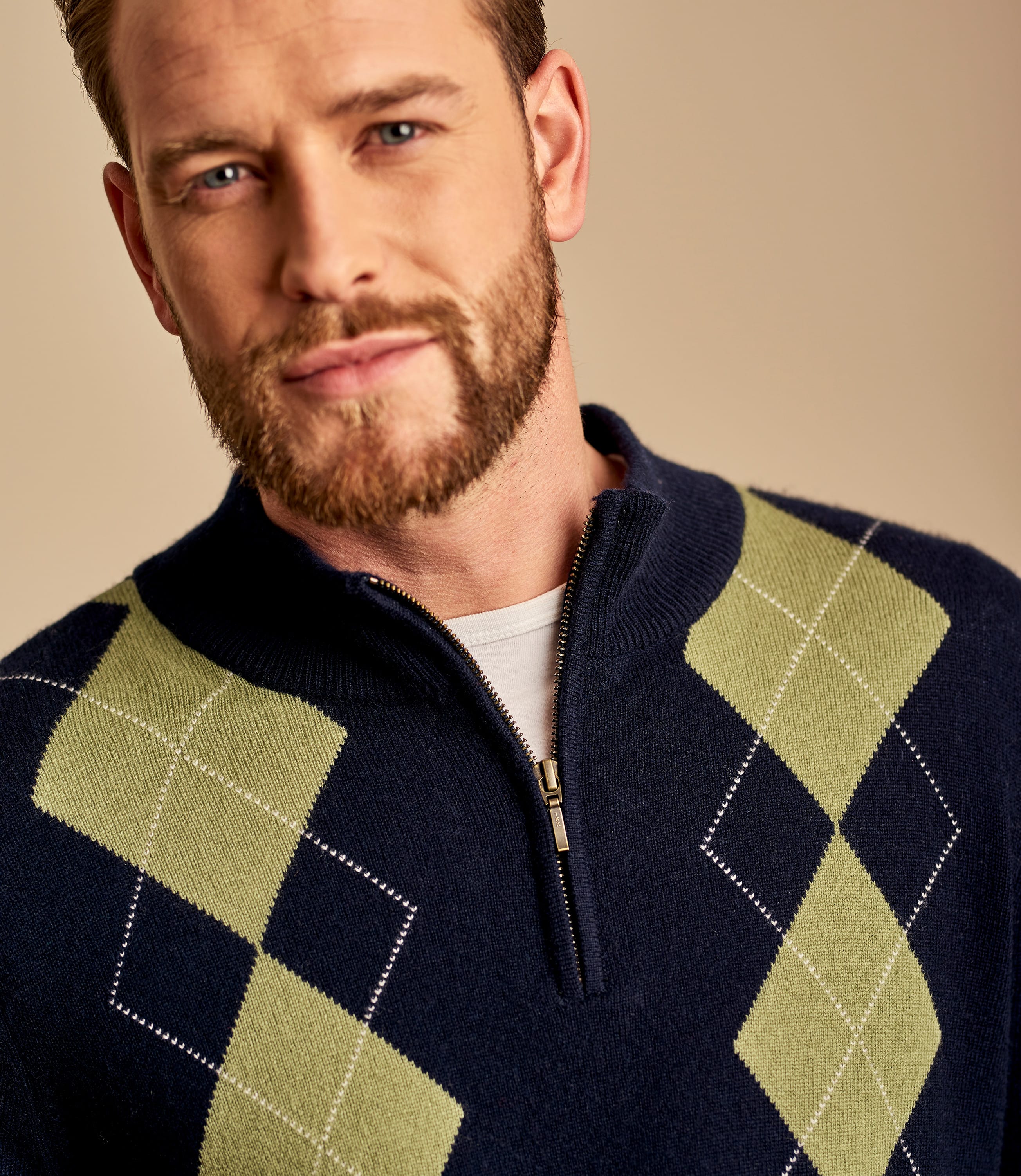 Navy/Soft Olive/Dove Grey | Mens Cashmere Merino Argyle Zip Neck Jumper ...