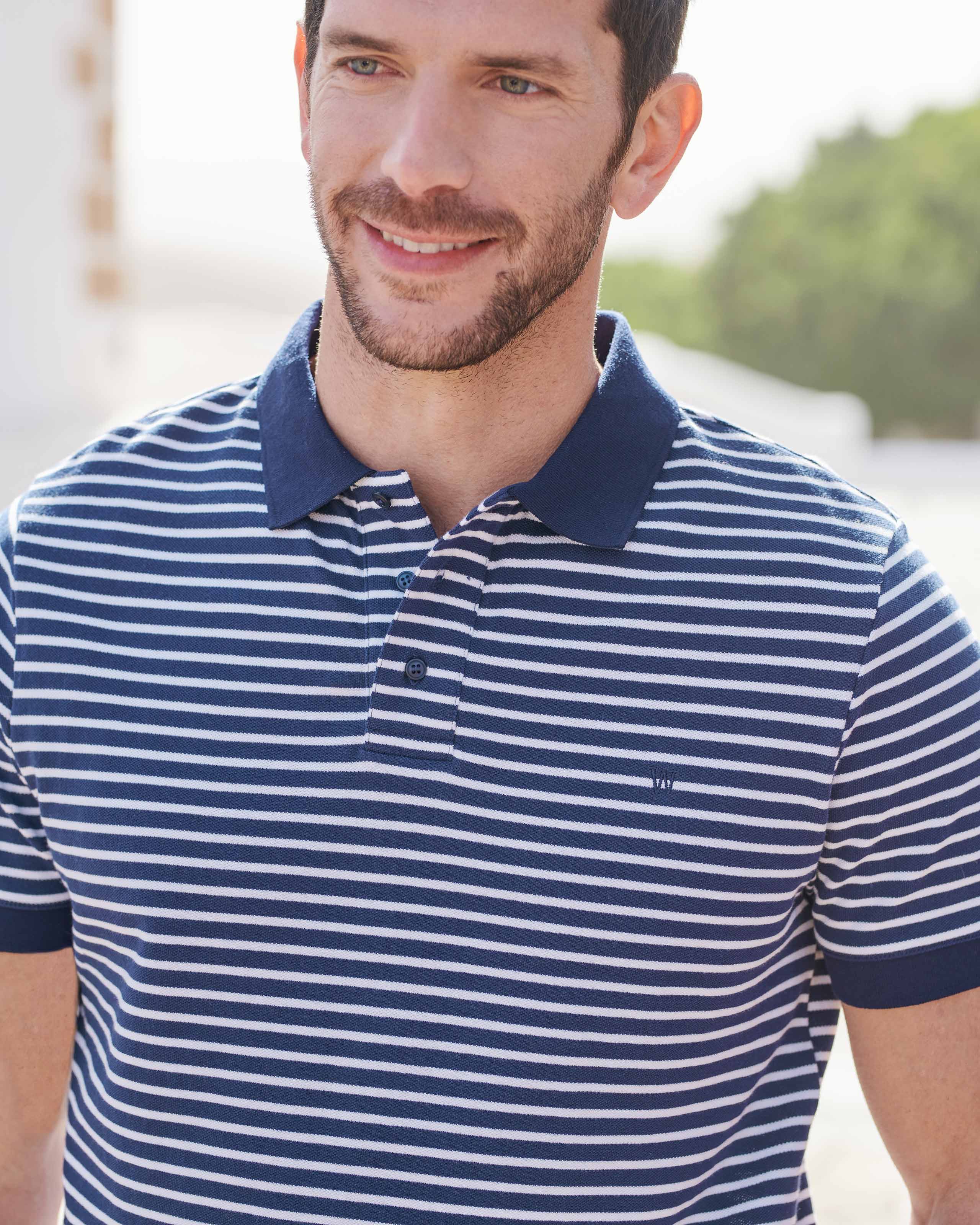 Navy/White Stripe | Mens Jersey Polo Shirt | WoolOvers UK