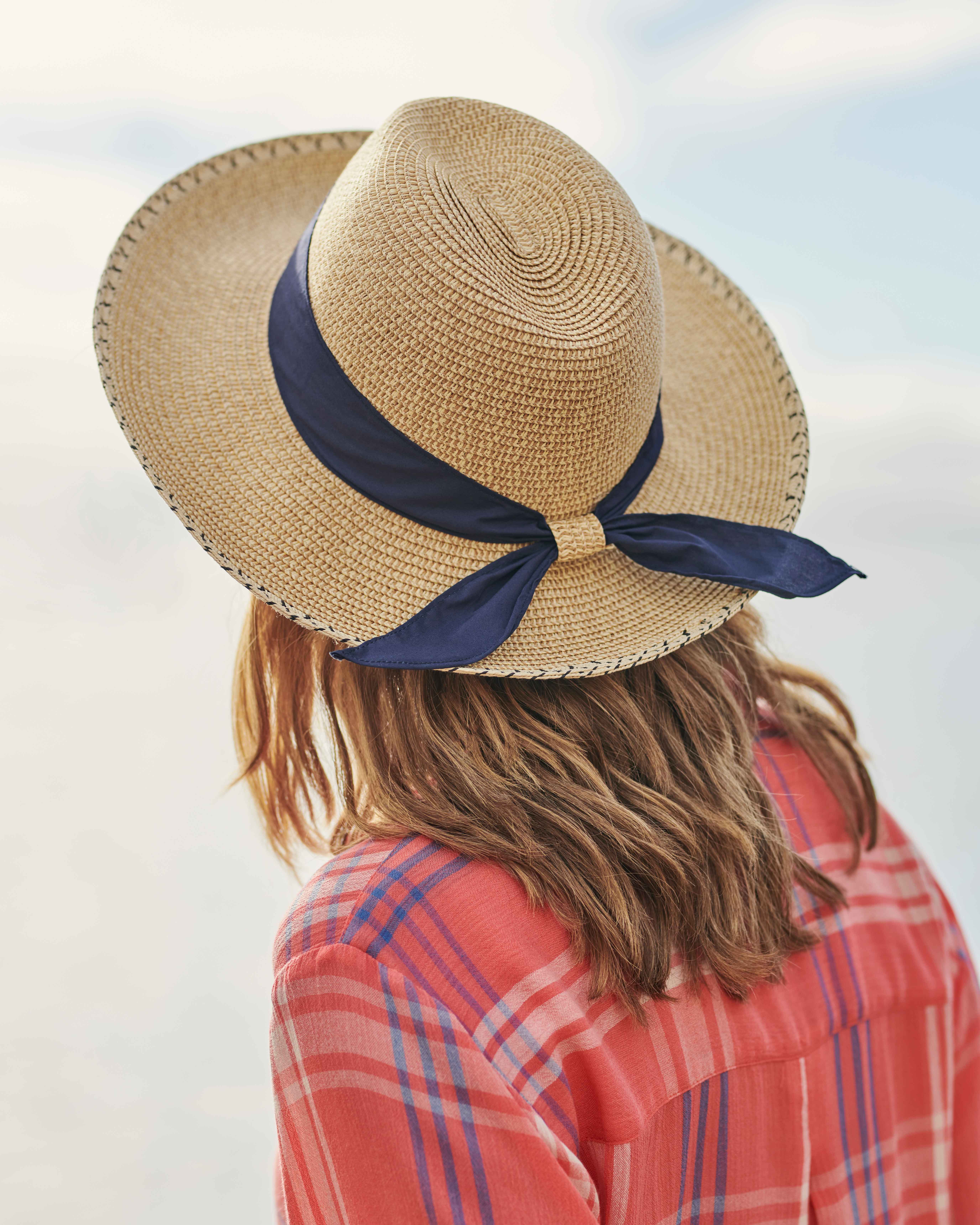 Natural/Navy Straw Fedora Hat with Tied Bow at Back WoolOvers US