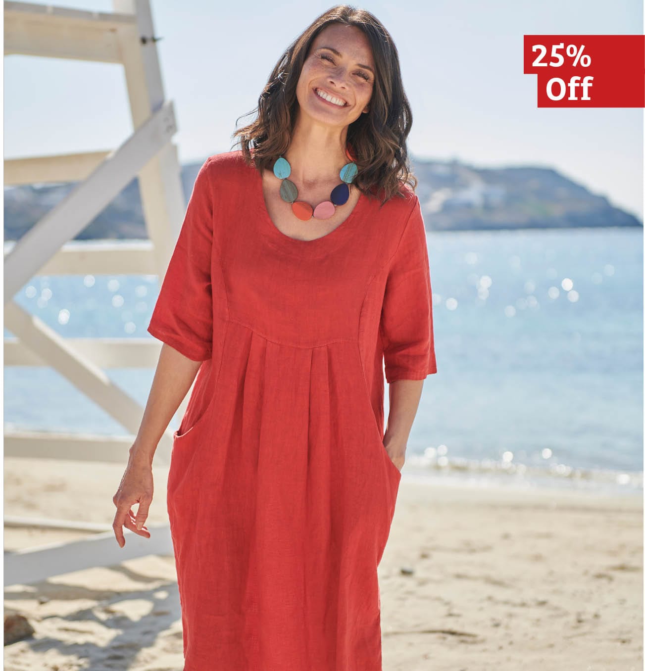 Womens Linen Pocket Tunic Dress