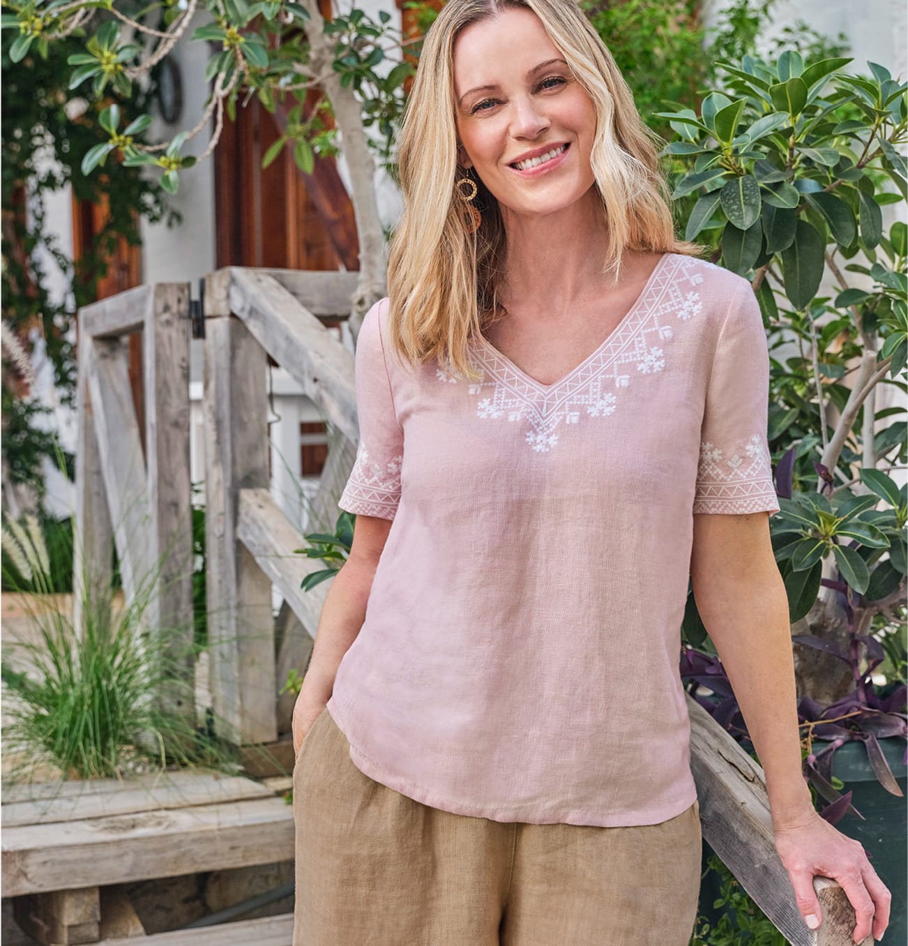 Embroidered Neckline Linen Top