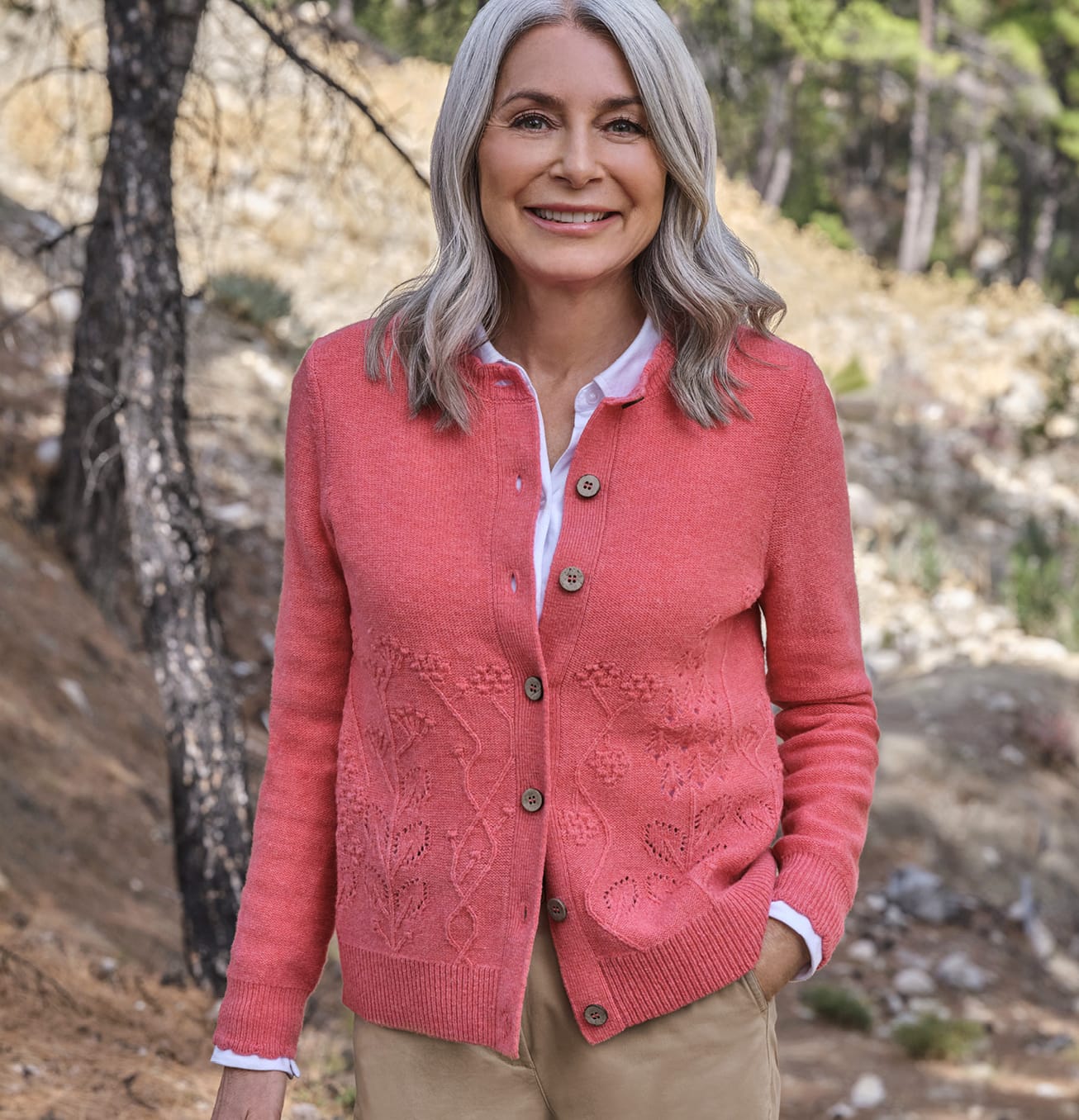 Scallop Neck Floral Cable Cardigan