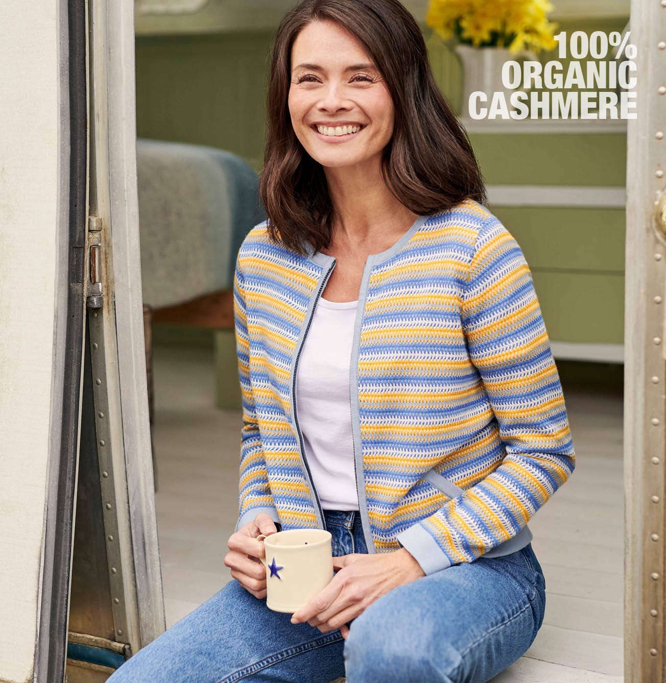 Organic Cotton Textured Stripe Zip Up Cardigan