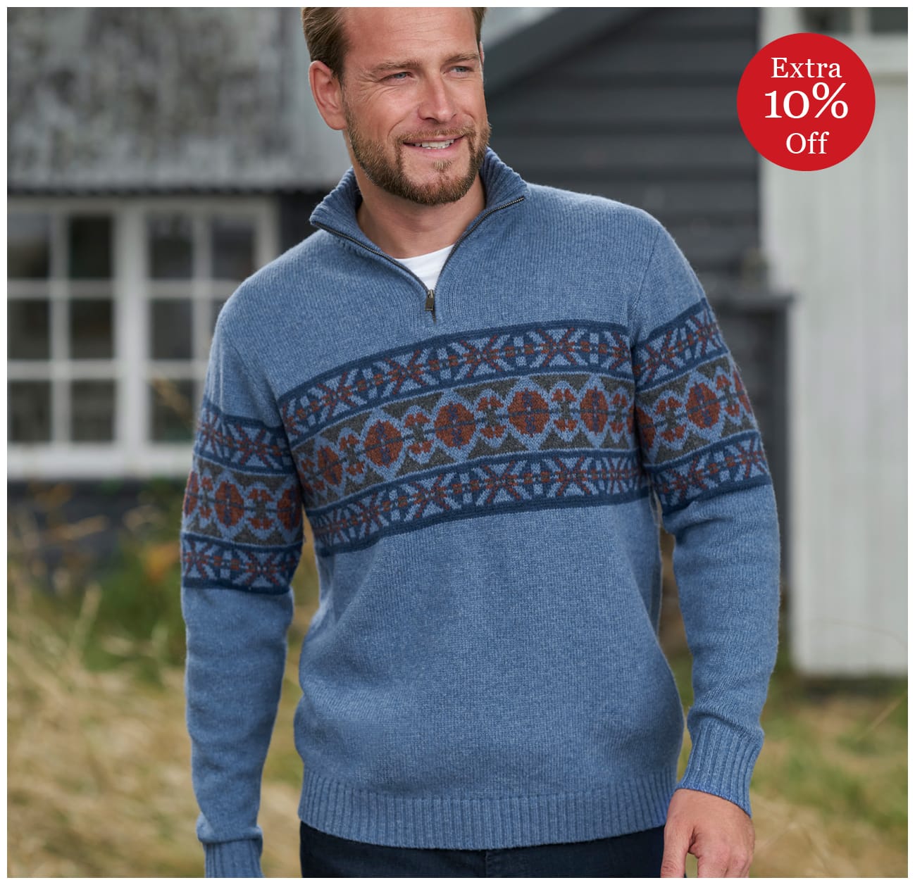 Lambswool Fairisle Zip Neck Sweater