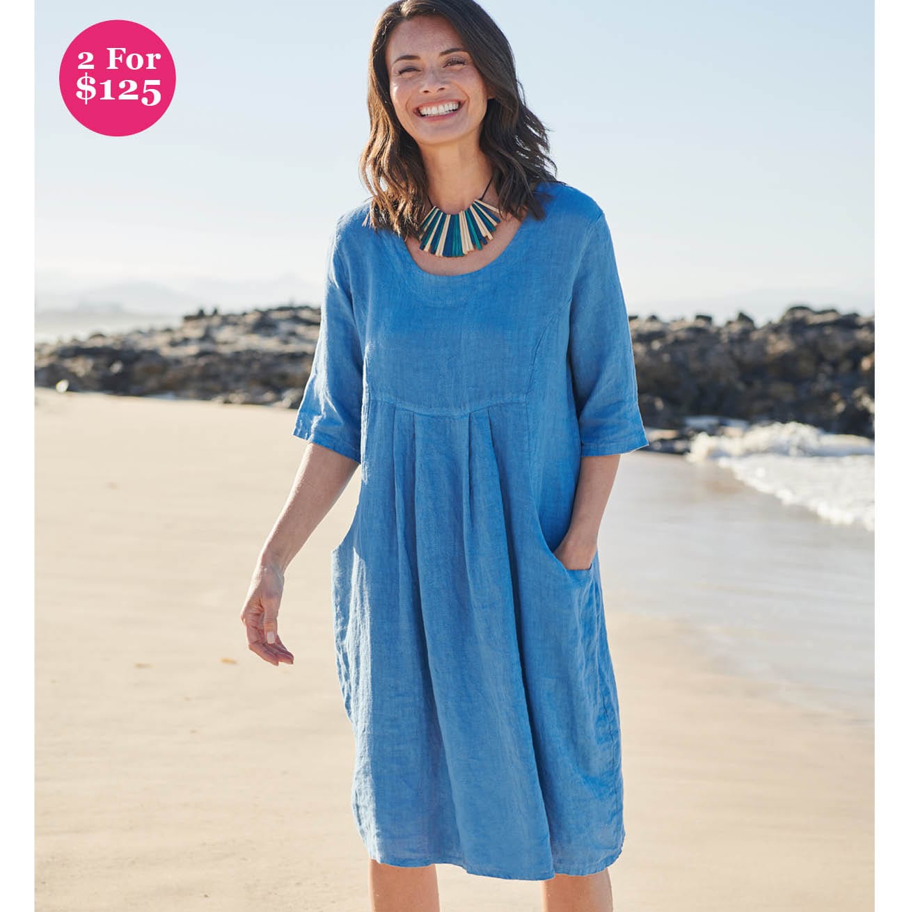 Womens Linen Pocket Tunic Dress