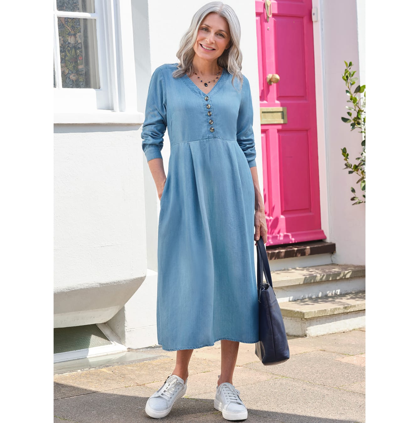 Chambray Button Placket Midi Dress