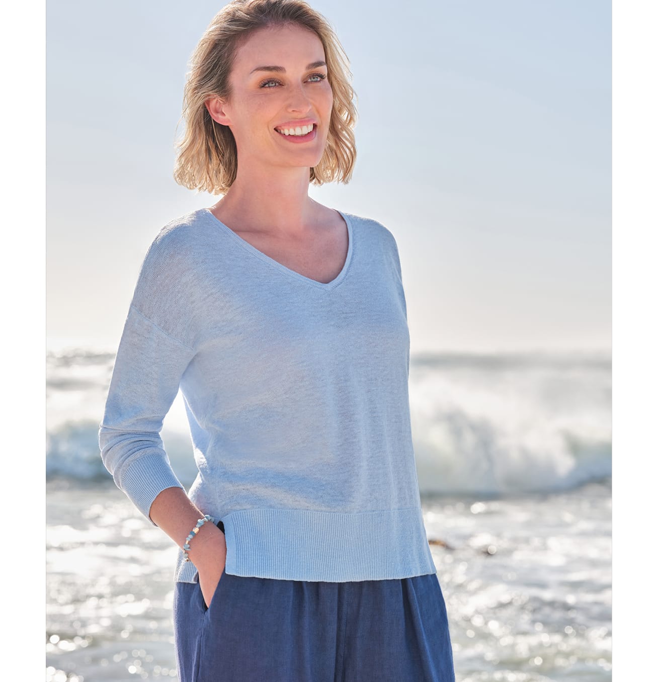 Linen Blend V Neck Sweater