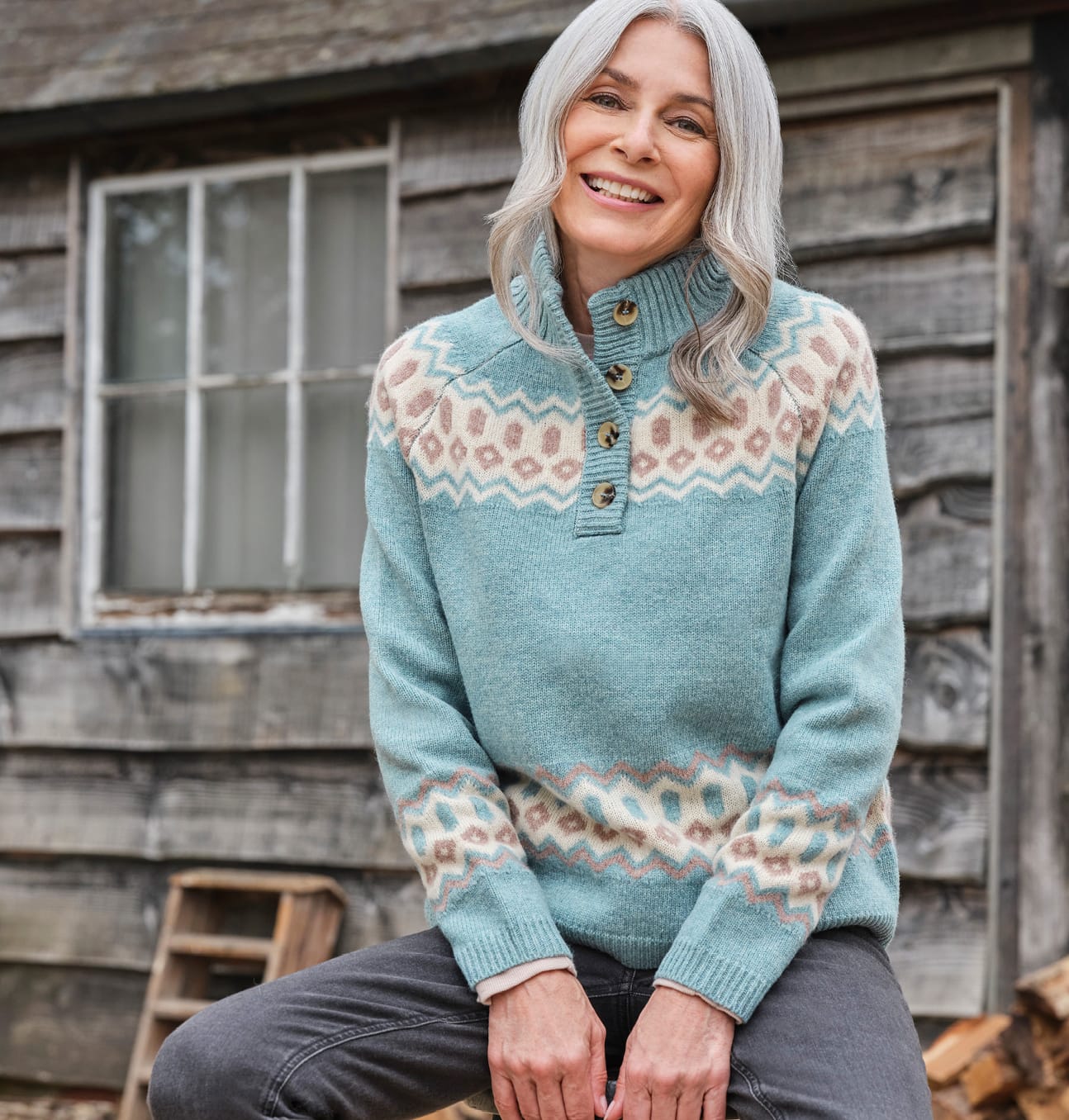 Button Neck Nordic Fairisle Sweater