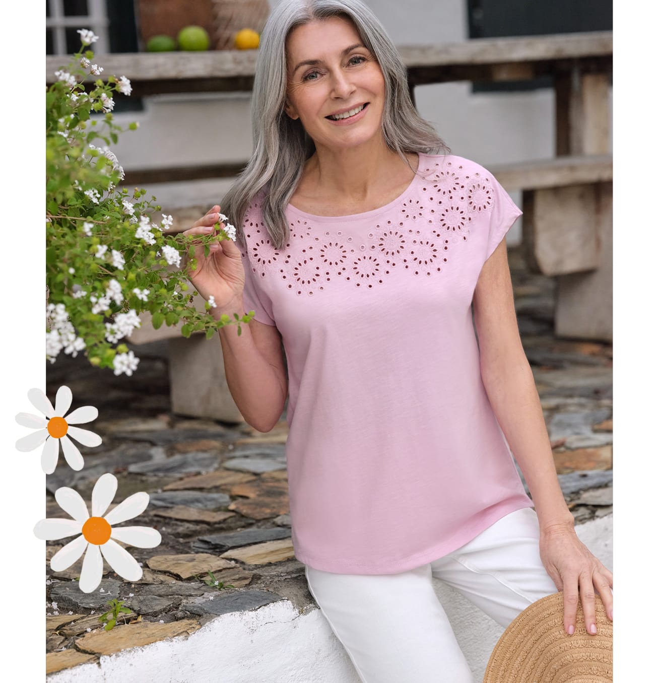 Broderie Neckline Top