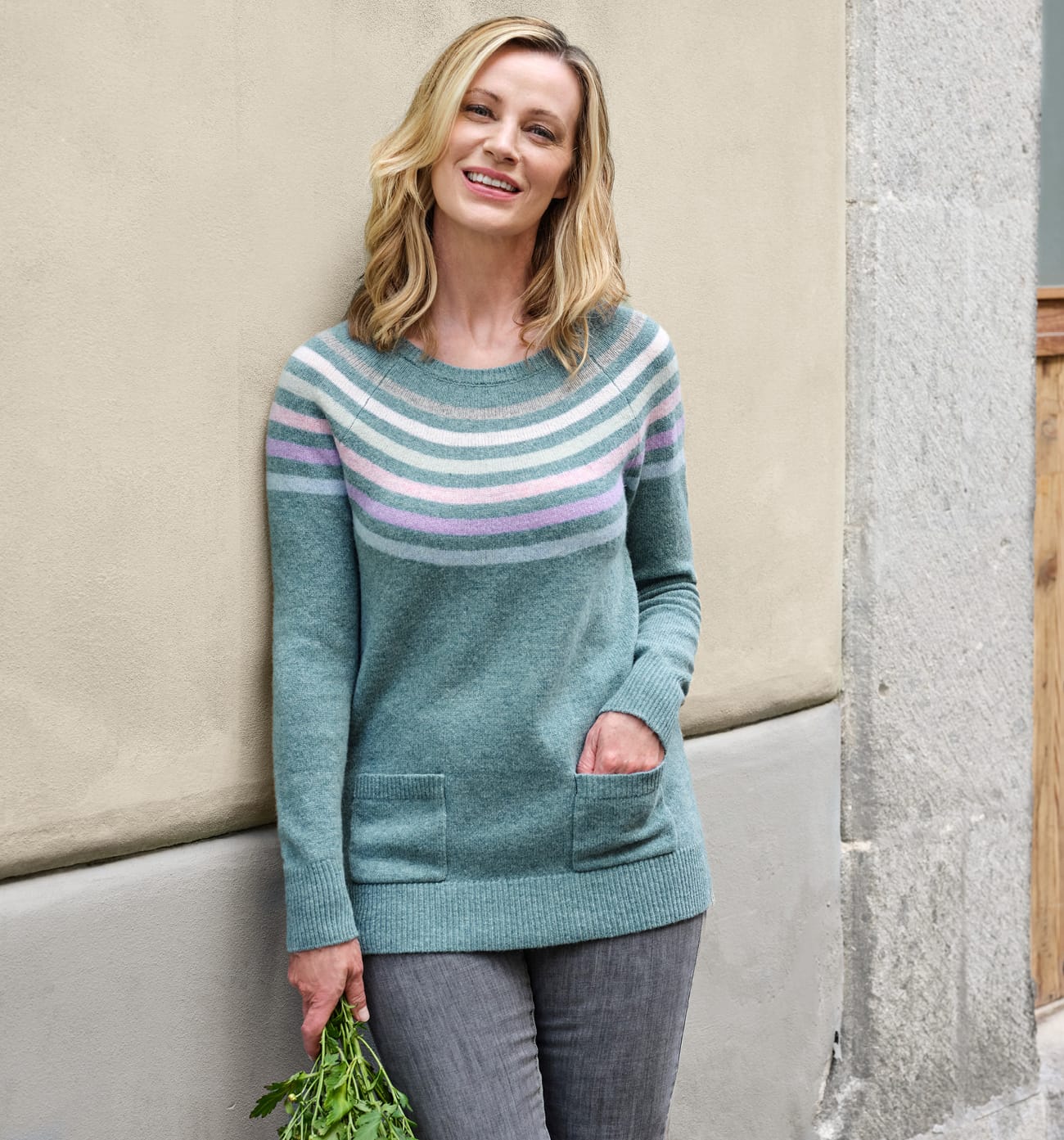 Stripe Yoke Longline Pocket Sweater