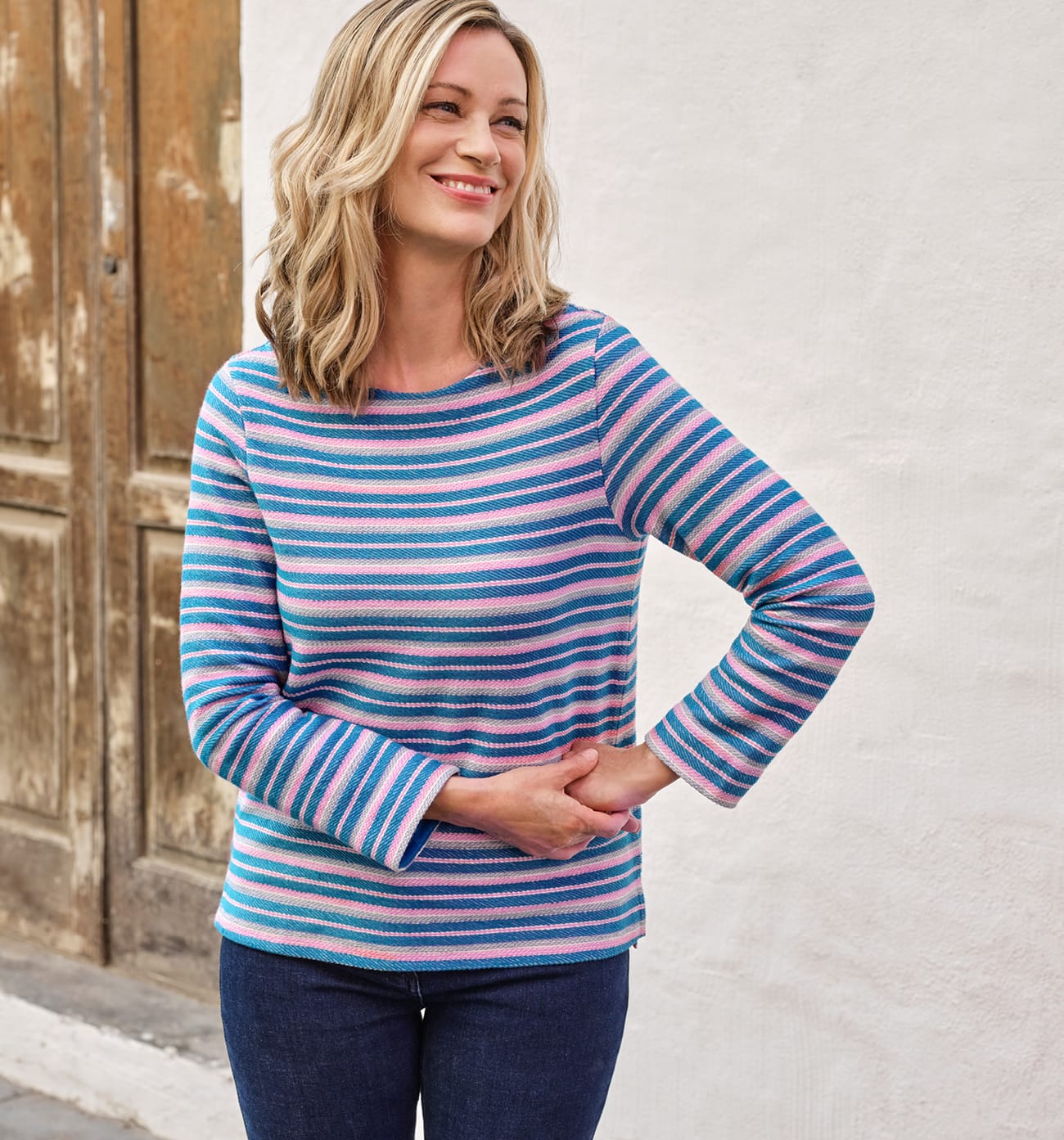 Textured Stripe Boat Neck Top