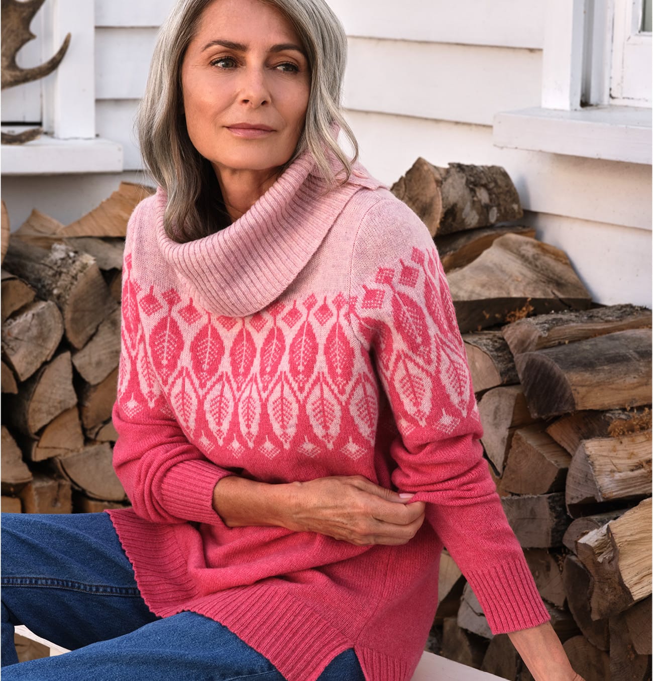 Lambswool Leaf Patterned Cowl Neck Sweater